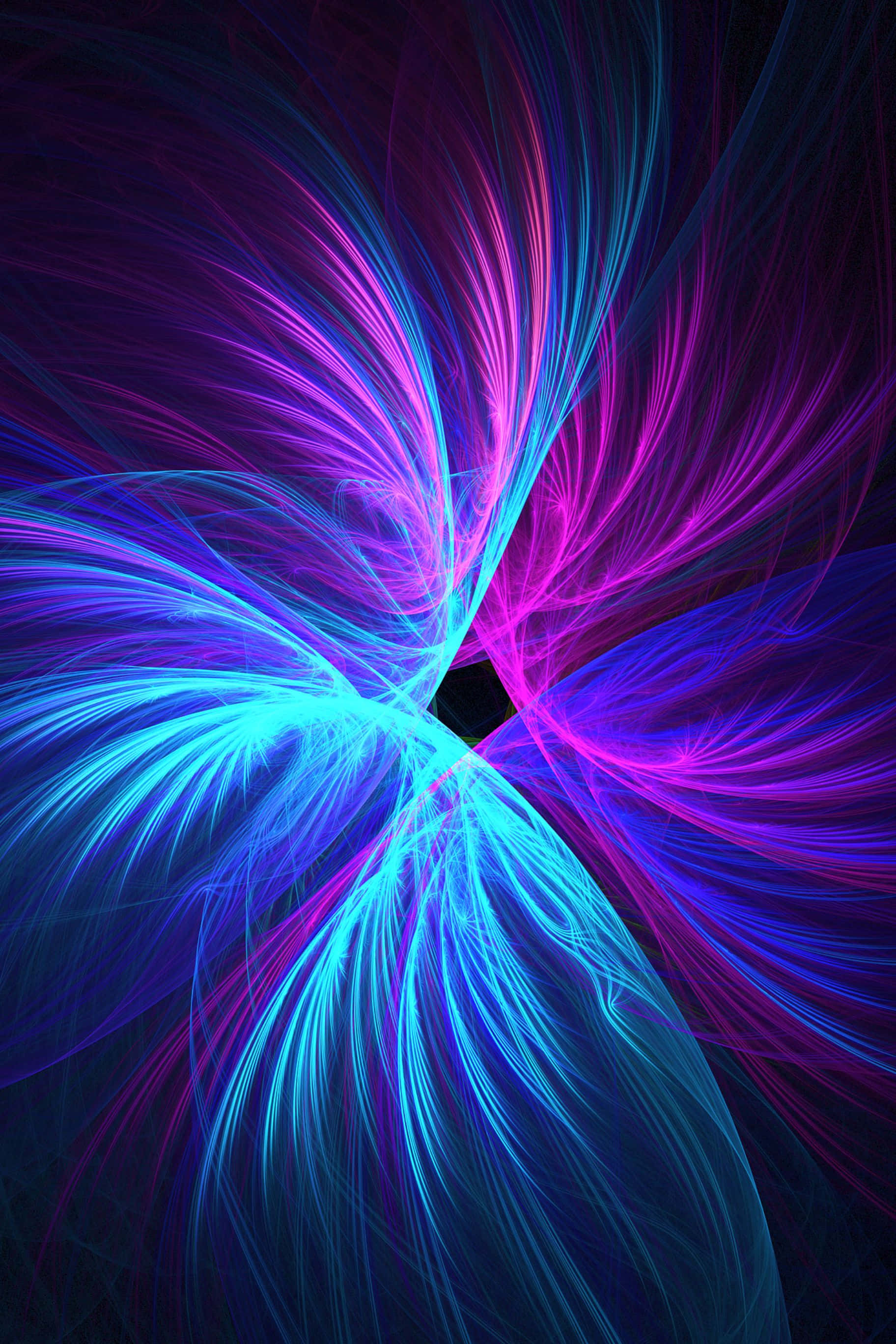 1824x2736 桌布 壁紙 — 充滿活力的霓虹藍和洋紅色分形卷鬚在深黑色背景上動態旋轉。