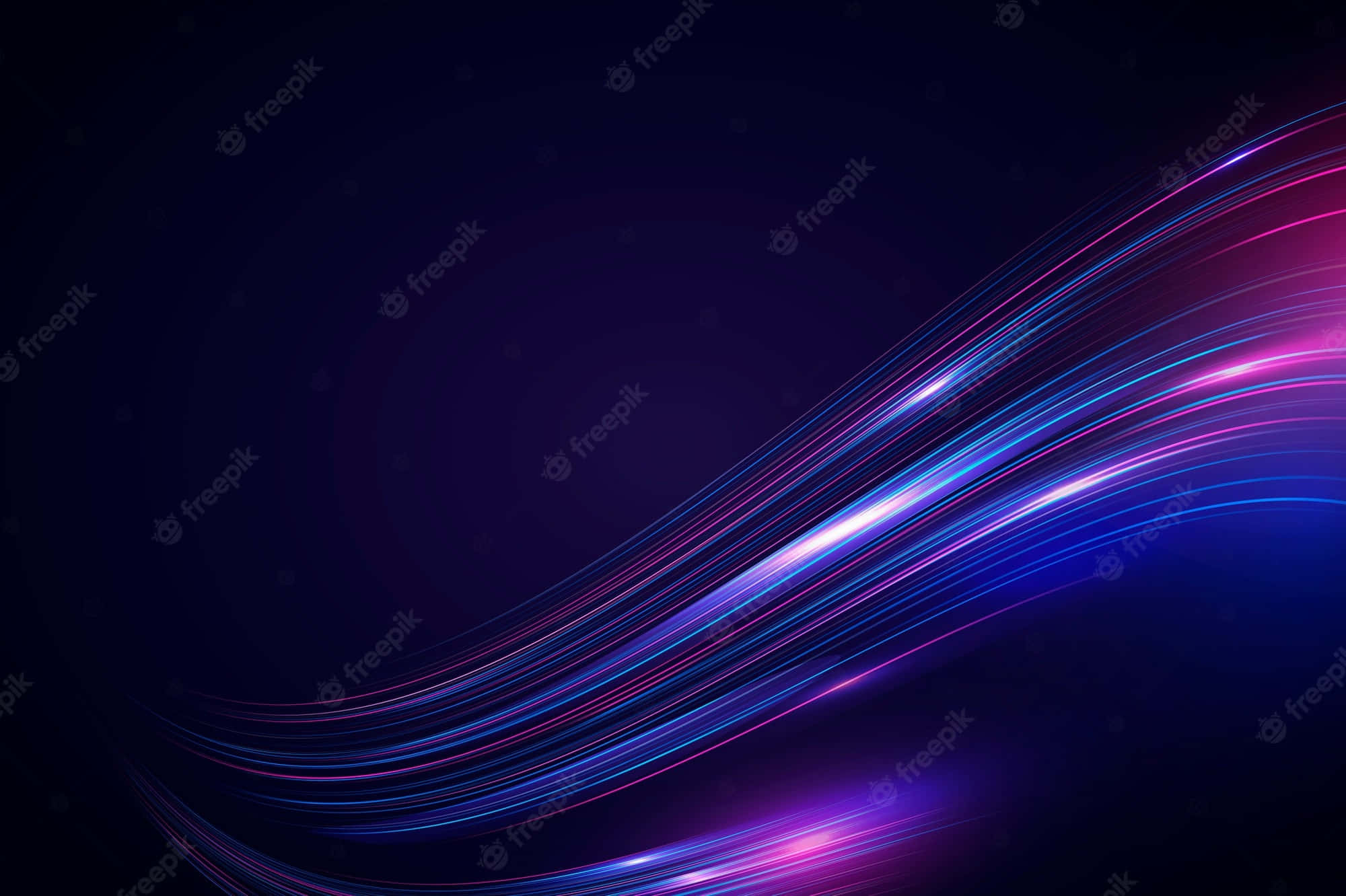 桌布 壁紙 — 充滿活力的霓虹藍和粉紅色光線條在深邃的宇宙黑暗背景上動態流動。