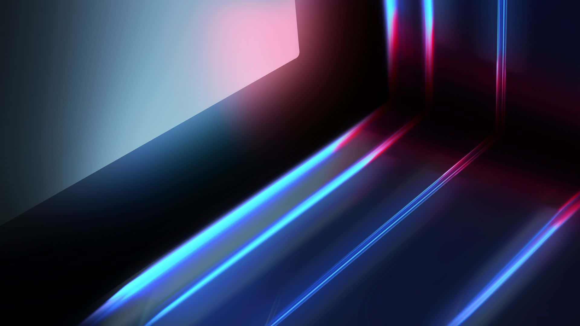RGB 桌布 壁紙 — 充滿活力的霓虹藍和粉紅色光線條紋，以平滑漸變和銳利角度照亮黑暗的幾何角落。