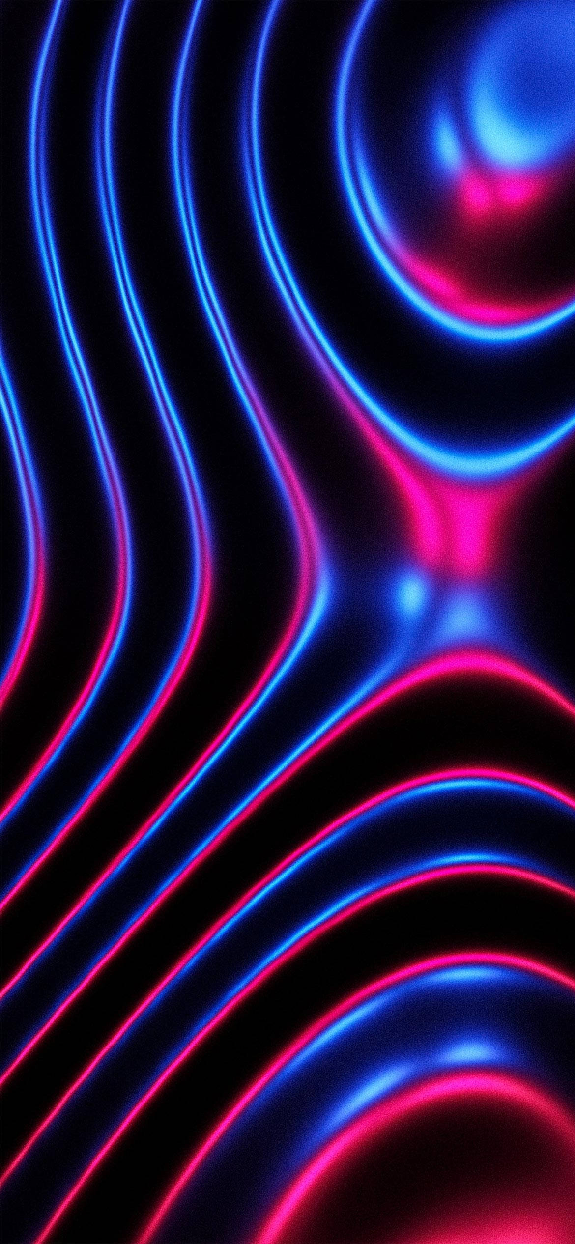 3D iPhone 壁紙 桌布 壁紙 — 充滿活力的霓虹藍和粉紅色發光波浪在深黑色背景上動態流動。