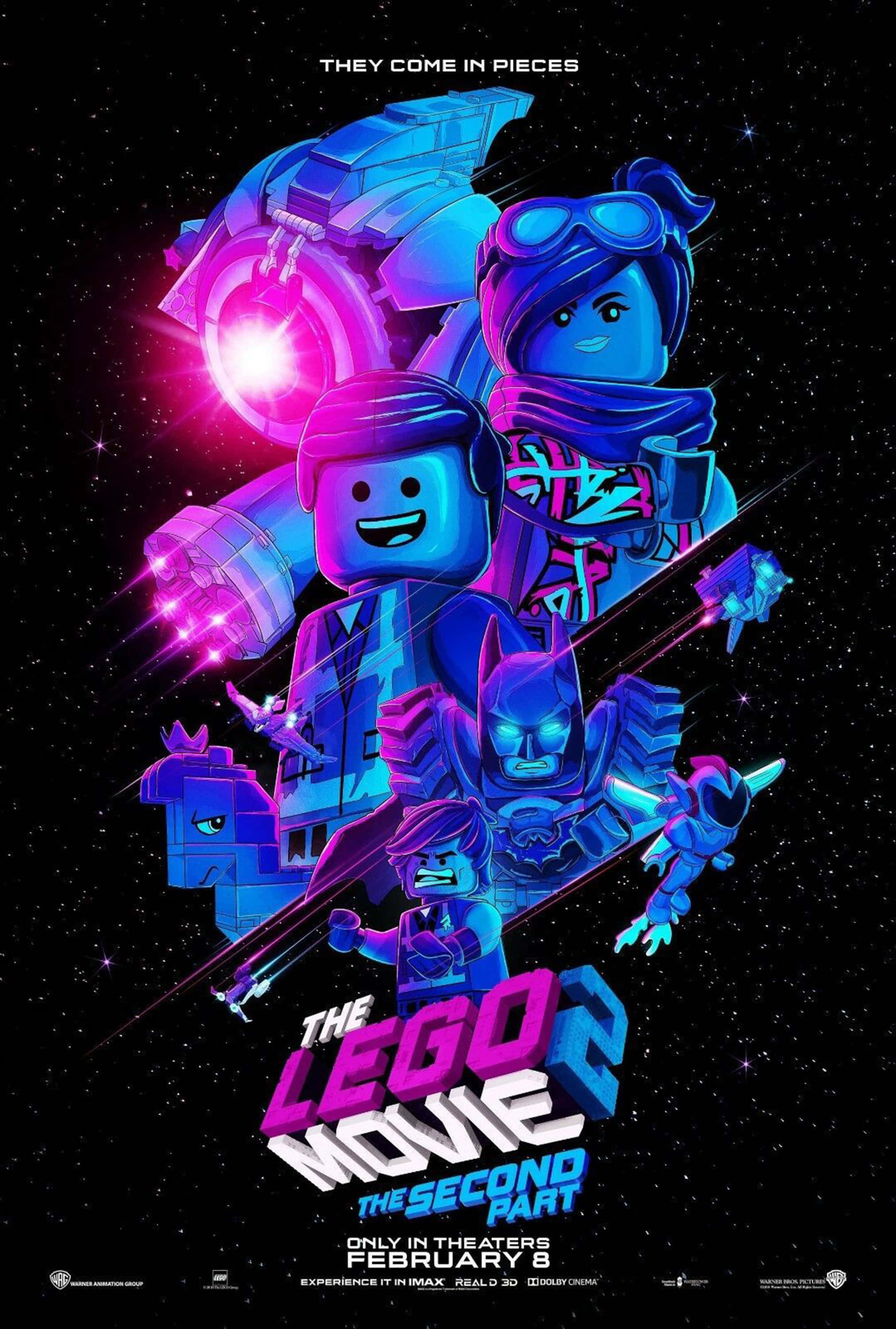 樂高 桌布 壁紙 — 充滿活力的霓虹藍色和粉紅色LEGO角色在太空中，帶有發光武器和星空背景。