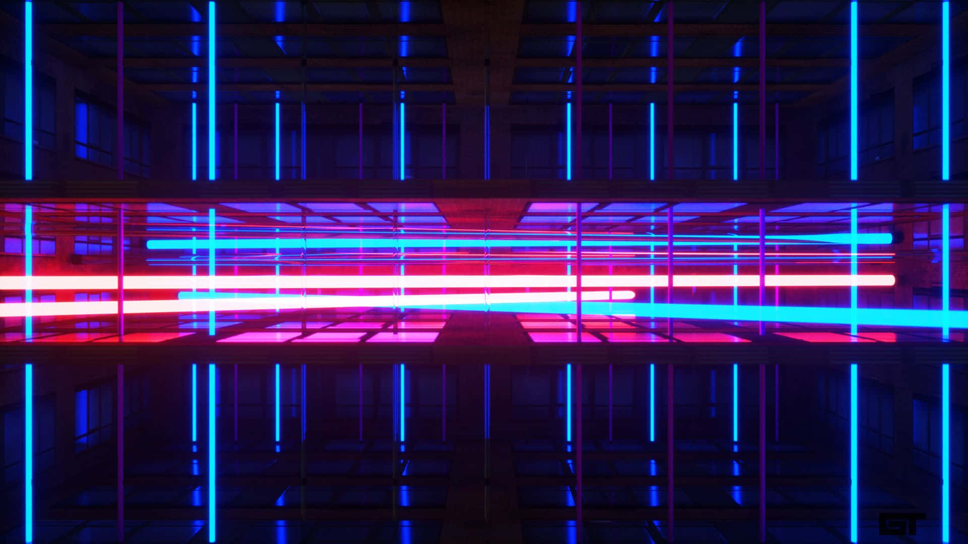 Neon Lights Aesthetic 桌布 壁紙 — 充滿活力的霓虹藍色和粉紅色光管在黑暗的幾何網格中交會，營造出未來主義的賽博朋克隧道效果。