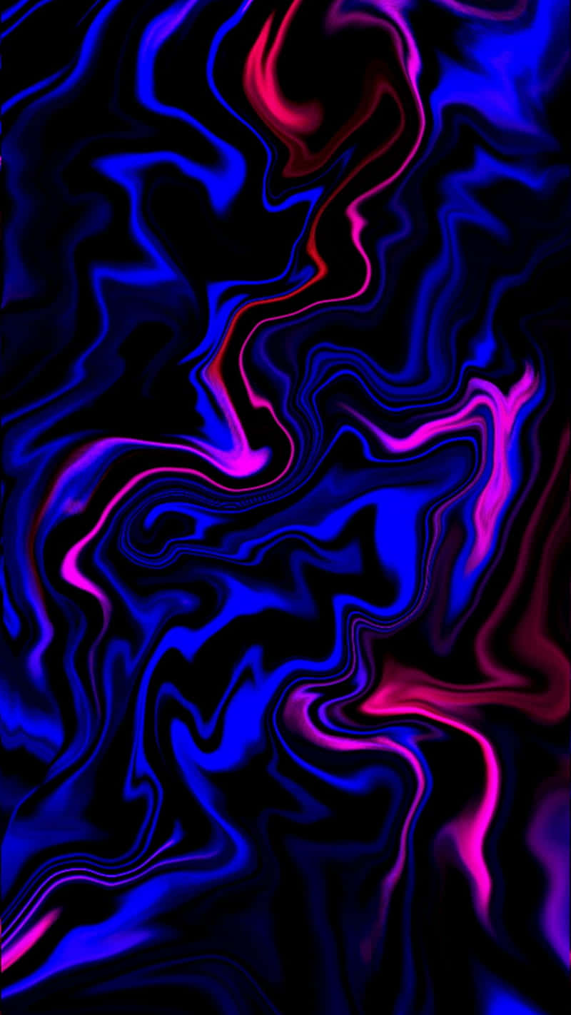 背景 桌布 壁紙 — 充滿活力的霓虹藍色和粉紅色液體漩渦在深黑色背景上動態流動。