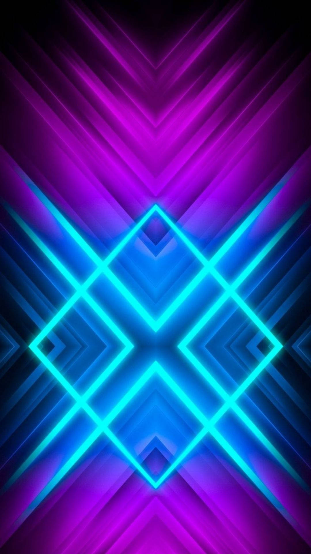 Neon Phone 桌布 壁紙 — 充滿活力的霓虹藍色和紫色幾何光線圖案在對稱的抽象設計中輻射。