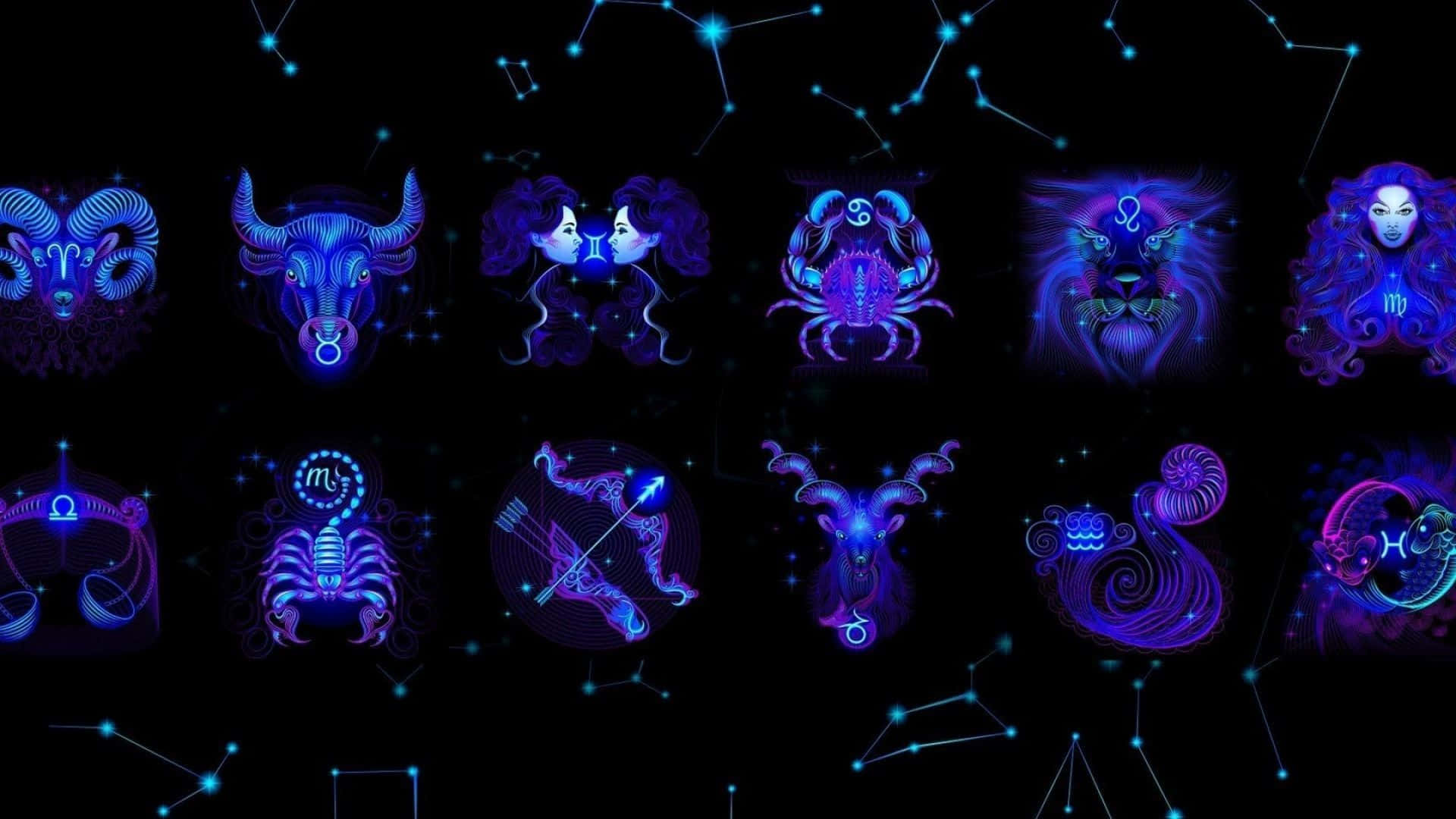 Zodiac Sign 桌布 壁紙 — 充滿活力的霓虹藍色和紫色星座符號在帶有星座線的星空黑色背景上發光。