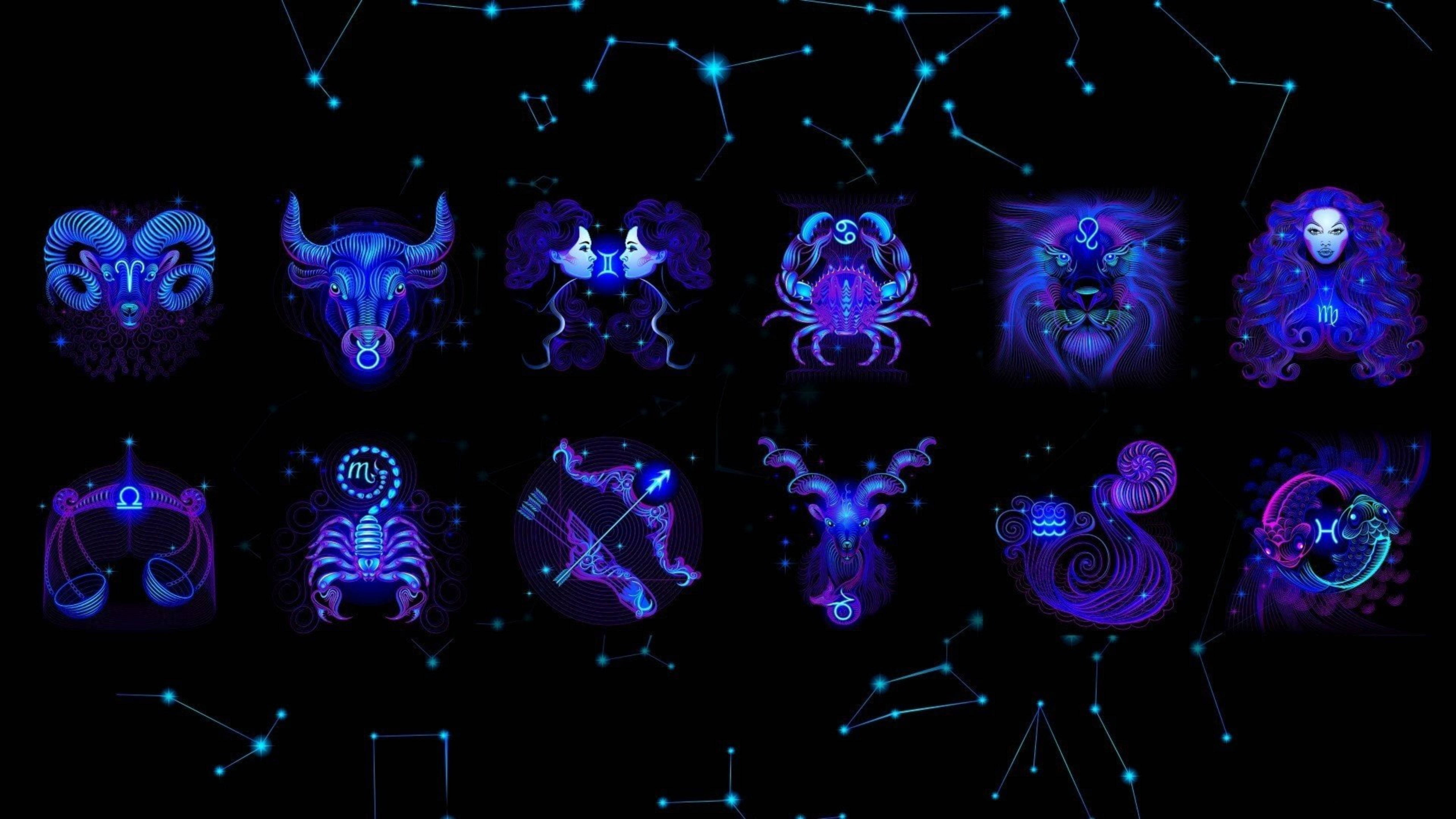 zodiac 桌布 壁紙 — 充滿活力的霓虹藍色和紫色星座符號在帶有星座線的星空黑色背景上發光。