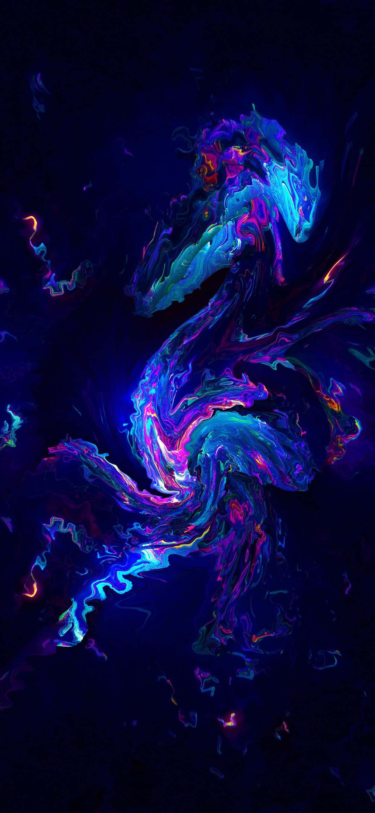 桌布 壁紙 — 充滿活力的霓虹藍色和紫色液體漩渦在深黑色背景上動態流動，形成迷人的抽象構圖。