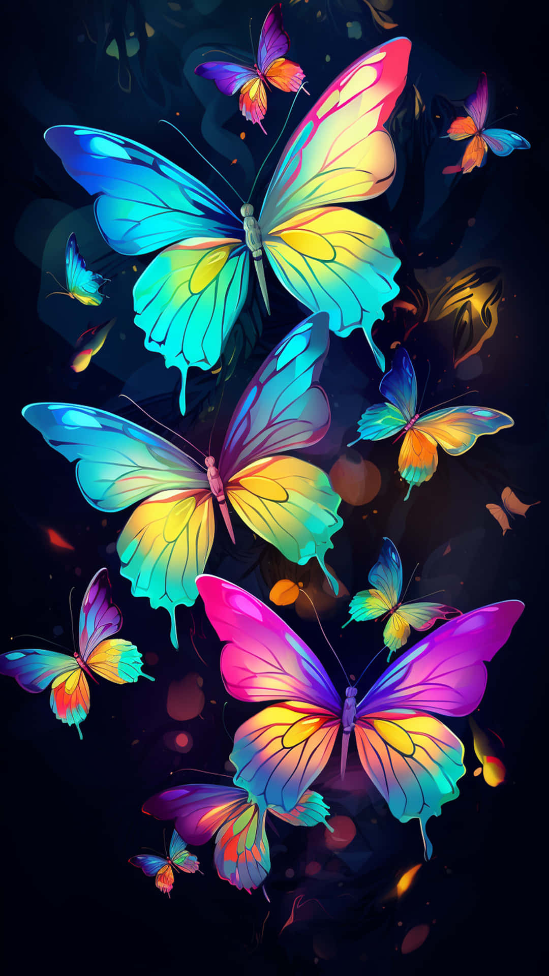 Fantastic painted butterfly 壁紙 — 充滿活力的霓虹蝴蝶，帶有滴落的彩虹翅膀，在黑暗的宇宙背景下飛舞。