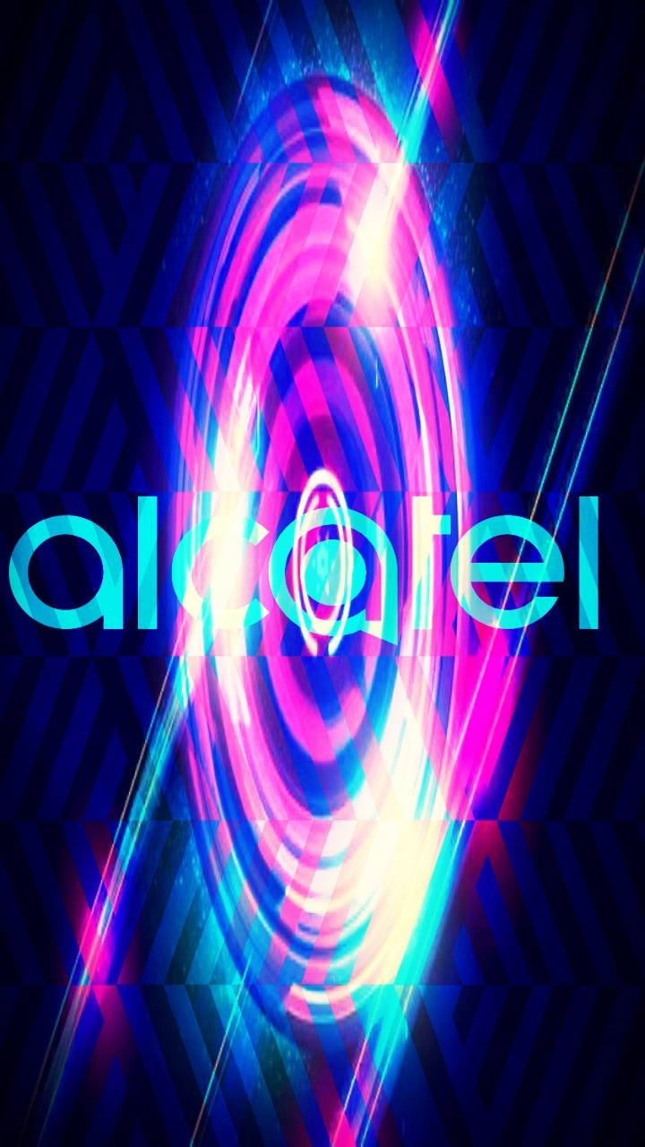 alcatel 桌布 壁紙 — 充滿活力的霓虹螺旋在黑暗的幾何背景上散發出電光粉紅和藍色光芒，並帶有發光的 'alcatel' 文字。