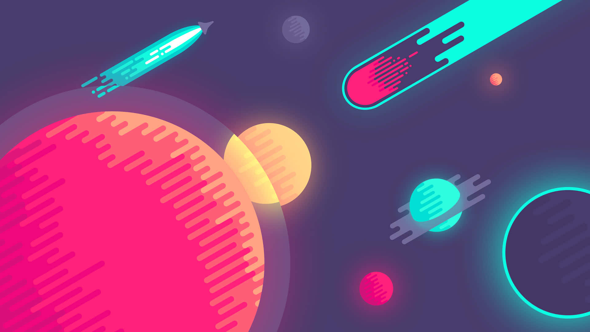 Minimalist Technology 桌布 壁紙 — 充滿活力的霓虹行星和劃過的彗星漂浮在宇宙場景中，帶有發光的軌跡和大膽的幾何形狀。