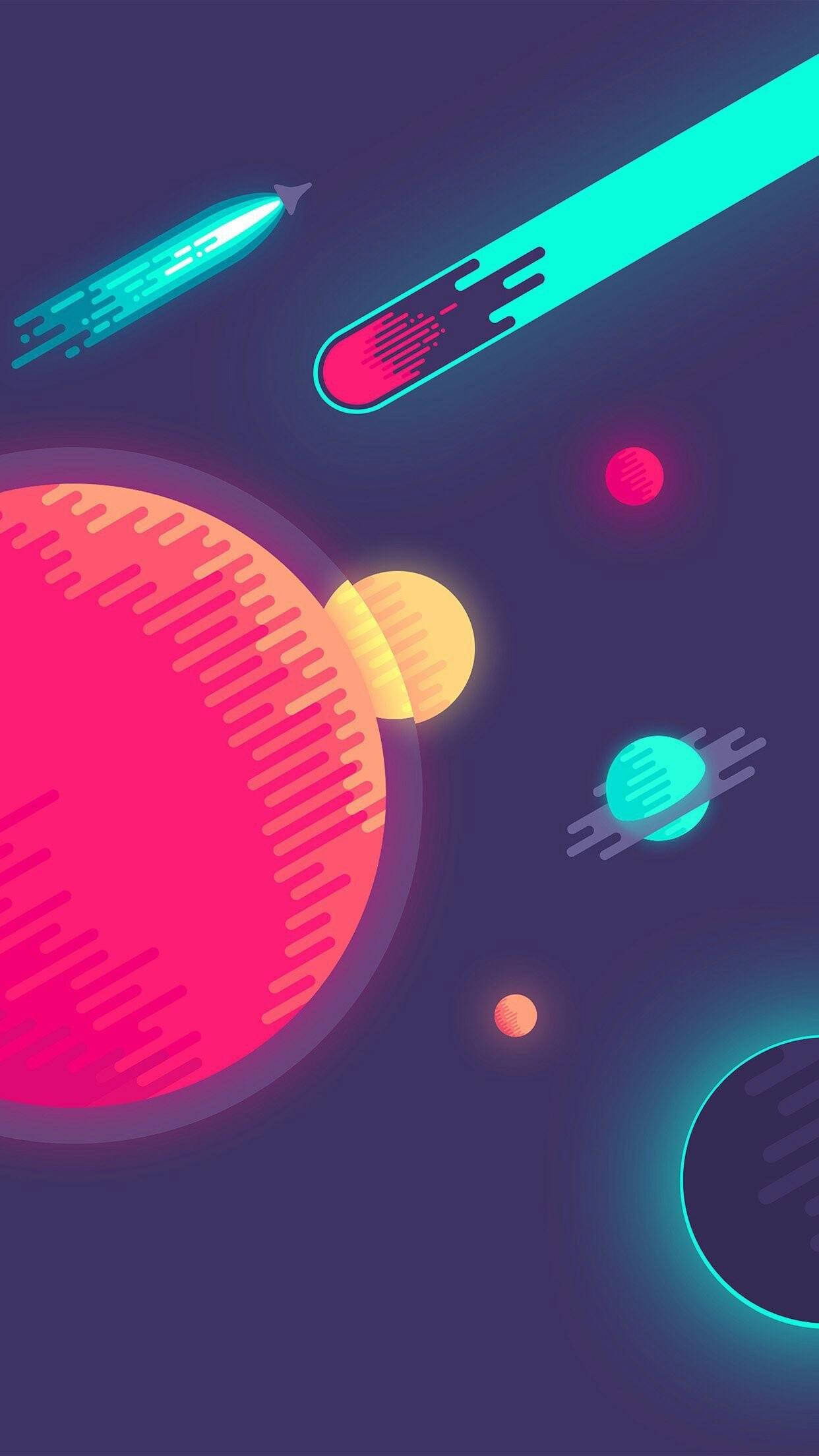 iOS 16 壁紙 桌布 壁紙 — 充滿活力的霓虹行星和劃過的彗星漂浮在深紫色的宇宙虛空中，帶有發光的軌跡。