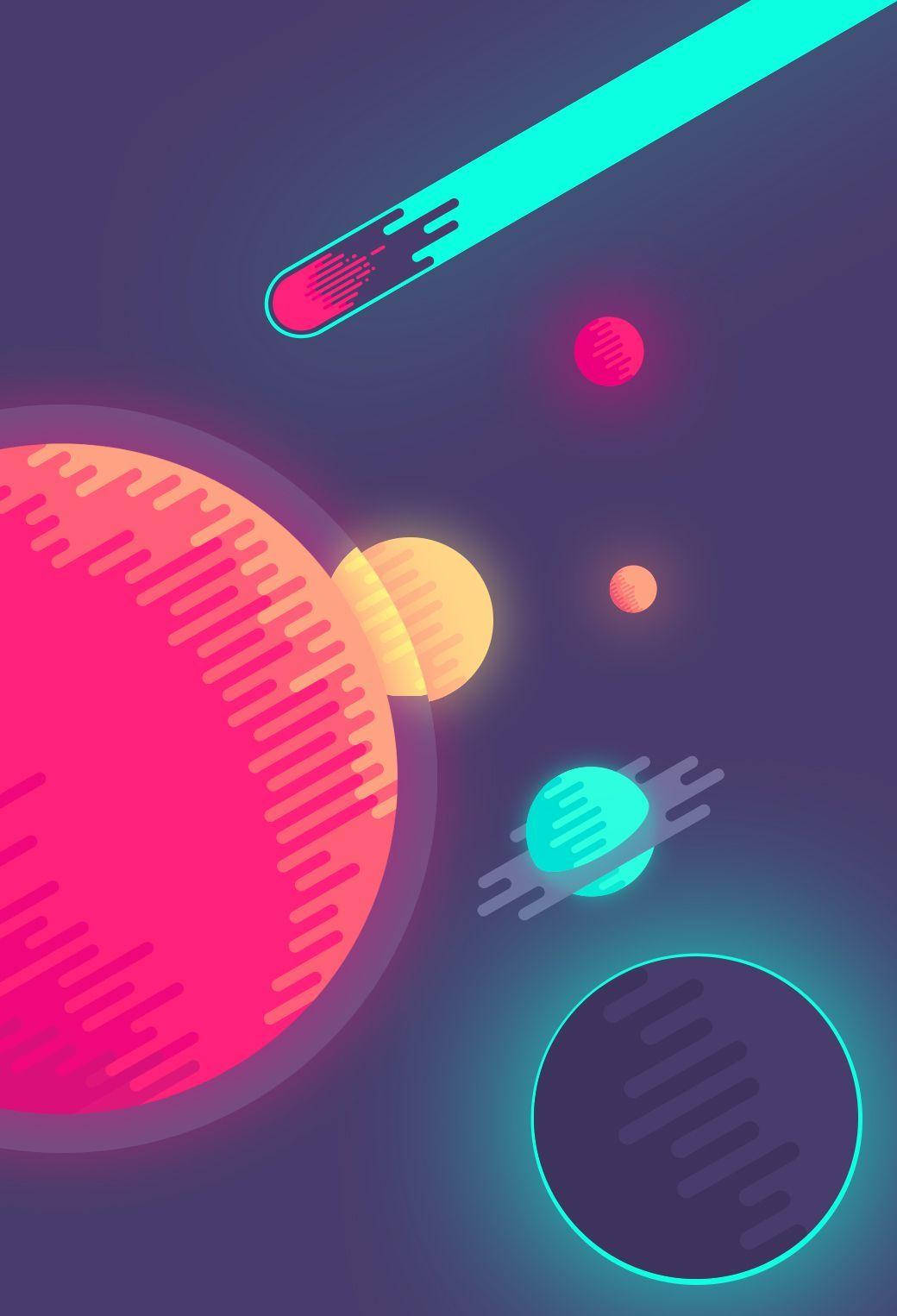 簡約手機 桌布 壁紙 — 充滿活力的霓虹行星和條紋漂浮在宇宙虛空中，帶有發光的粉紅色、藍綠色和橙色色調。