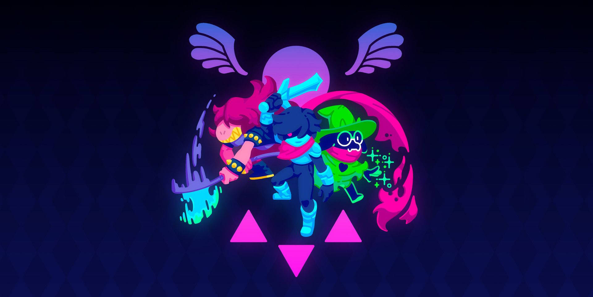 Deltarune 桌布 壁紙 — 充滿活力的霓虹角色，帶有翅膀和發光武器，在紫色月亮下與深色圖案背景碰撞。