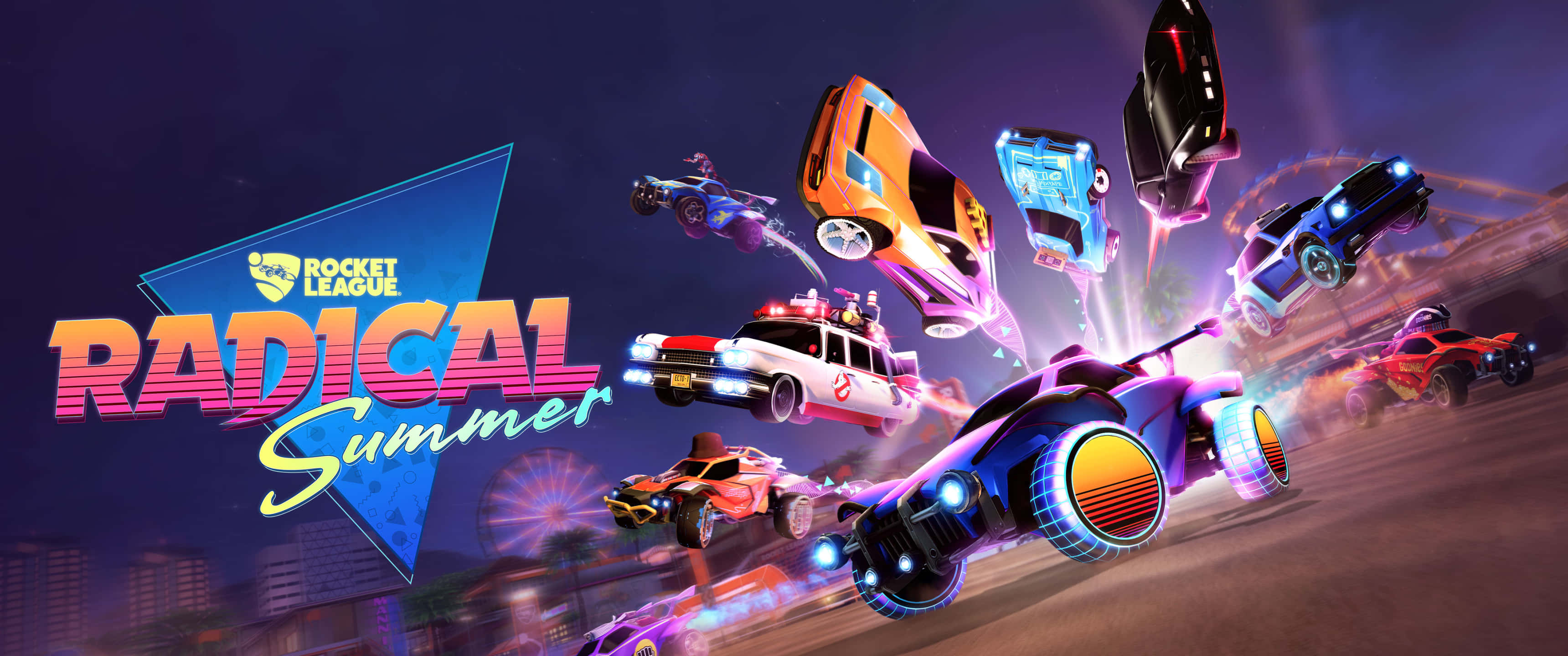 3440x1440p Rocket League 桌布 壁紙 — 充滿活力的霓虹車在夜間體育場中翱翔，於高能量的Rocket League Radical Summer活動期間。