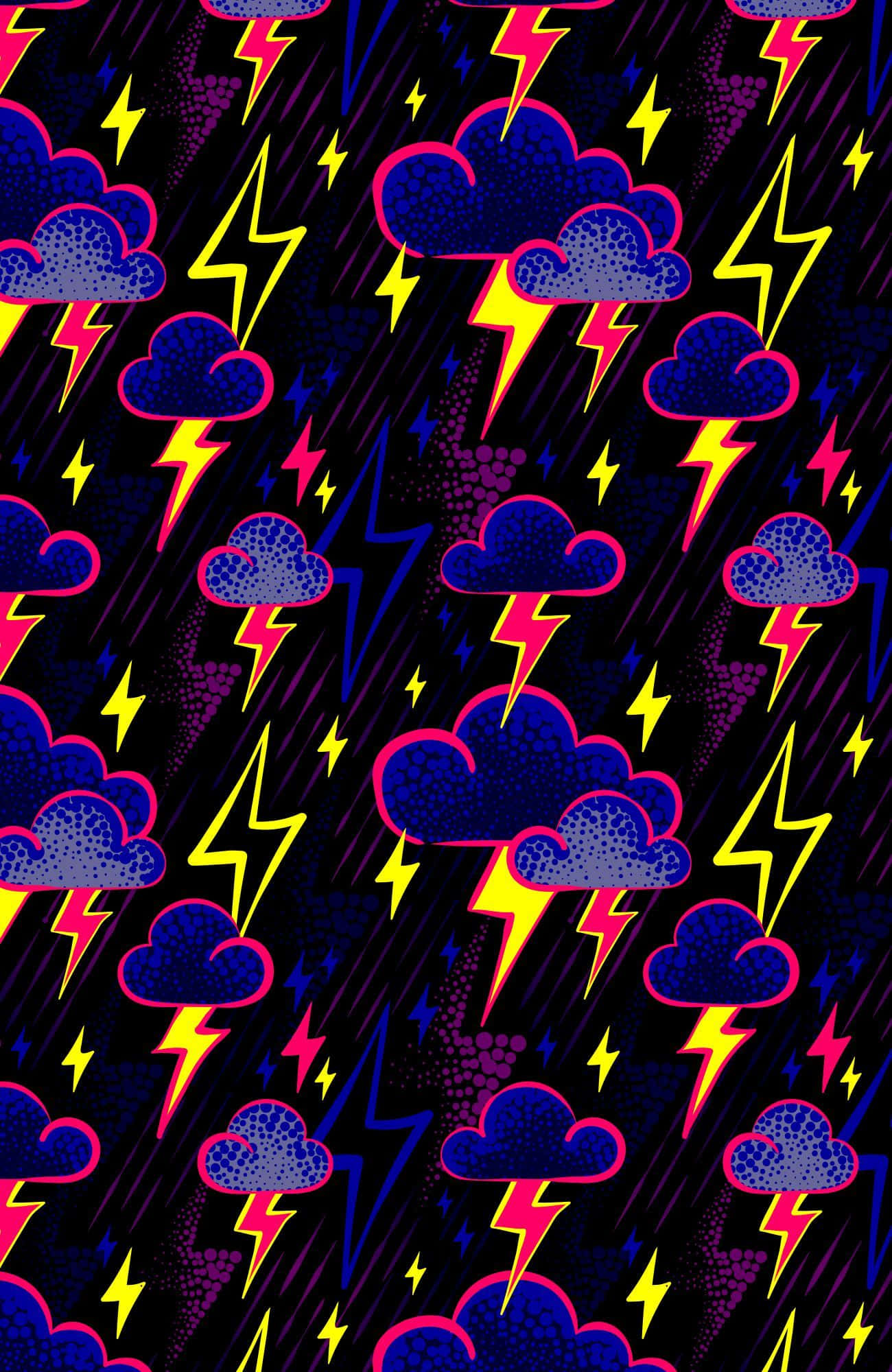 Lightning Bolt 桌布 壁紙 — 充滿活力的霓虹閃電和雲朵在黑暗背景上以大膽的普普藝術圖案劃過。