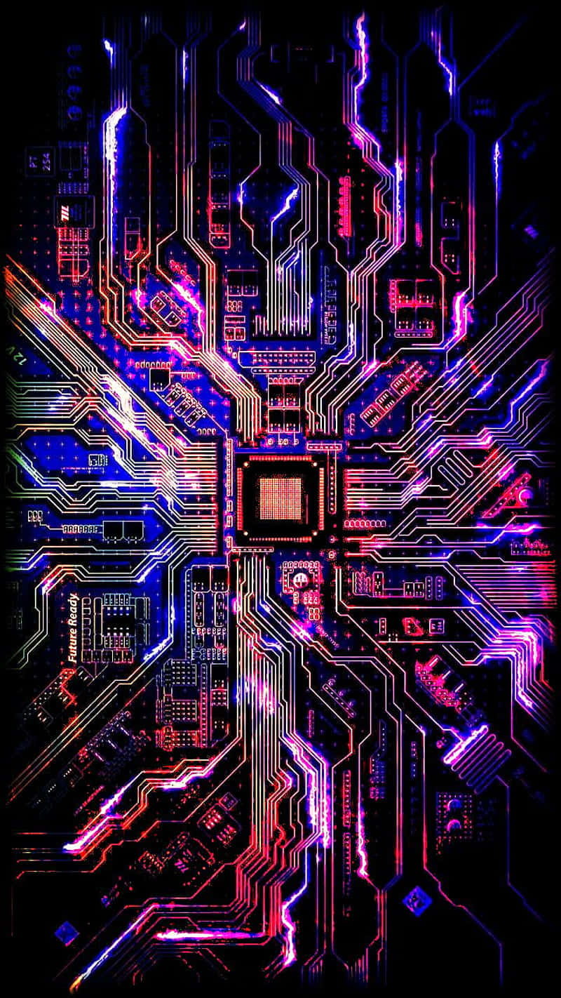 Motherboard 桌布 壁紙 — 充滿活力的霓虹電路板，在黑色背景上發出電光藍和洋紅色的光芒。