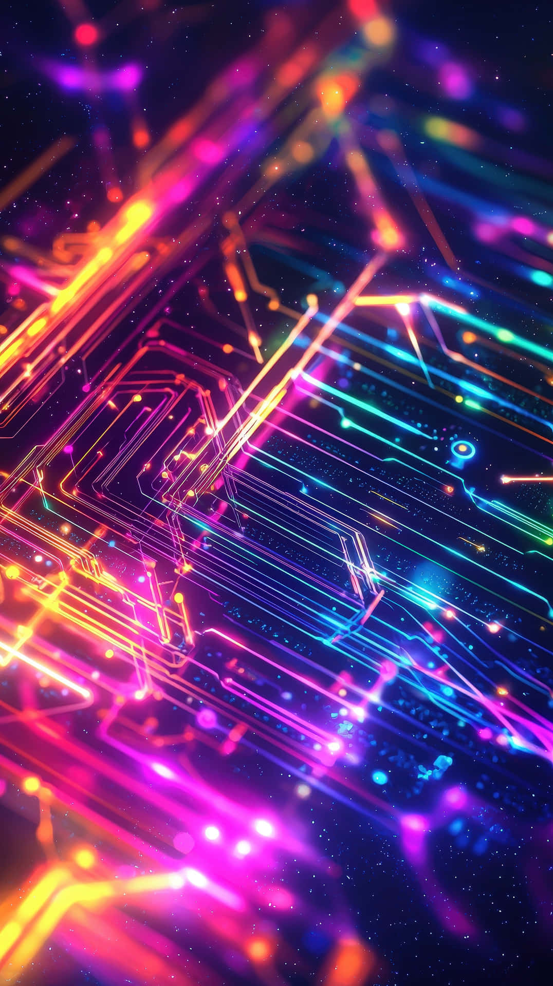 A vibrant digital artwork of a glowing futuristic neon circuit board 壁紙 — 充滿活力的霓虹電路線條在黑暗的宇宙背景上發光，帶有閃爍的粒子。