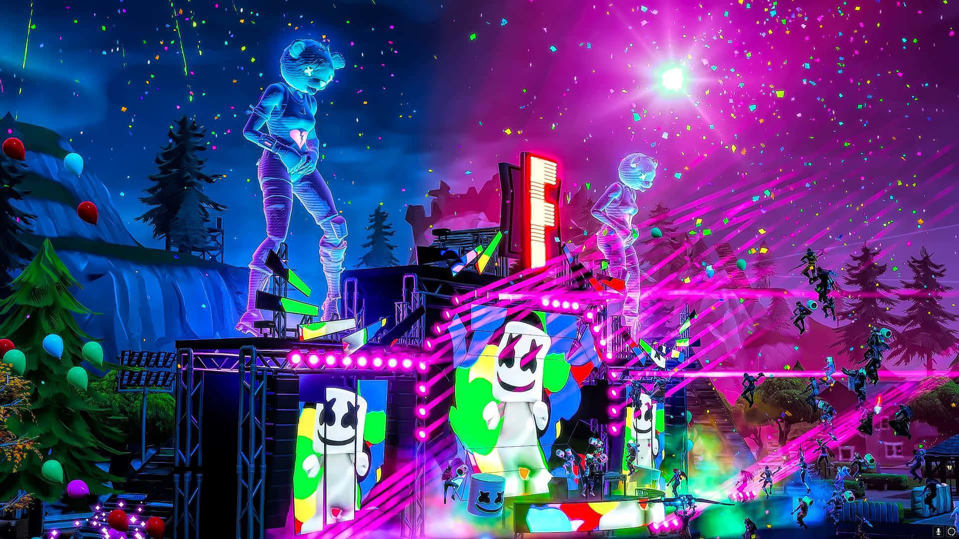 Marshmello 動態圖 桌布 壁紙 — 充滿活力的霓虹音樂會舞台，發光的Marshmello人物和激光束，背景是星空夜空和松樹。