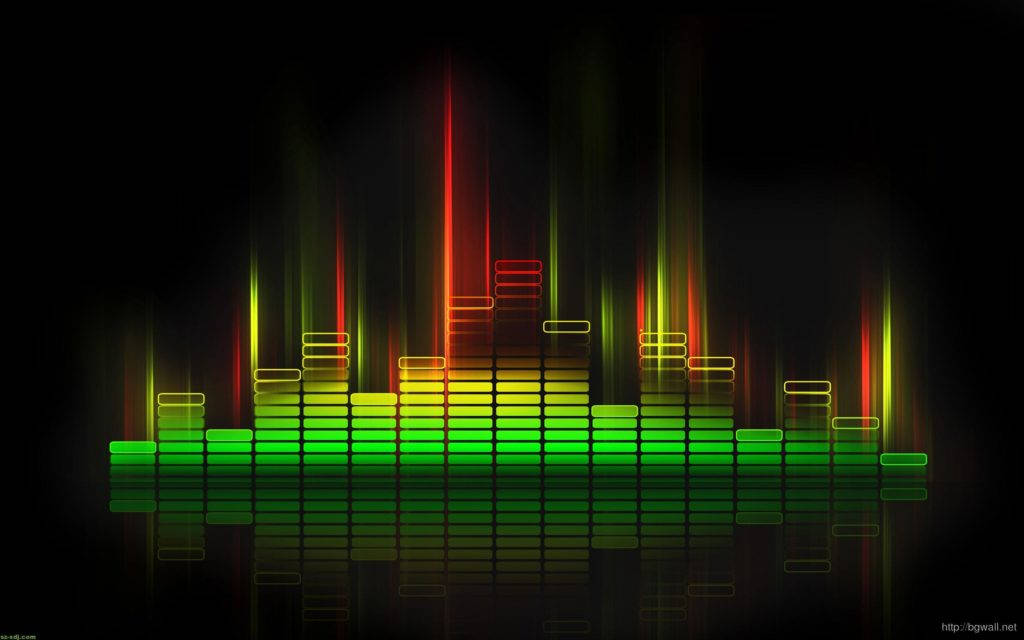 酷炫音樂 桌布 壁紙 — 充滿活力的霓虹音頻均衡器條在深色背景上閃爍著綠色、黃色和紅色的光芒。