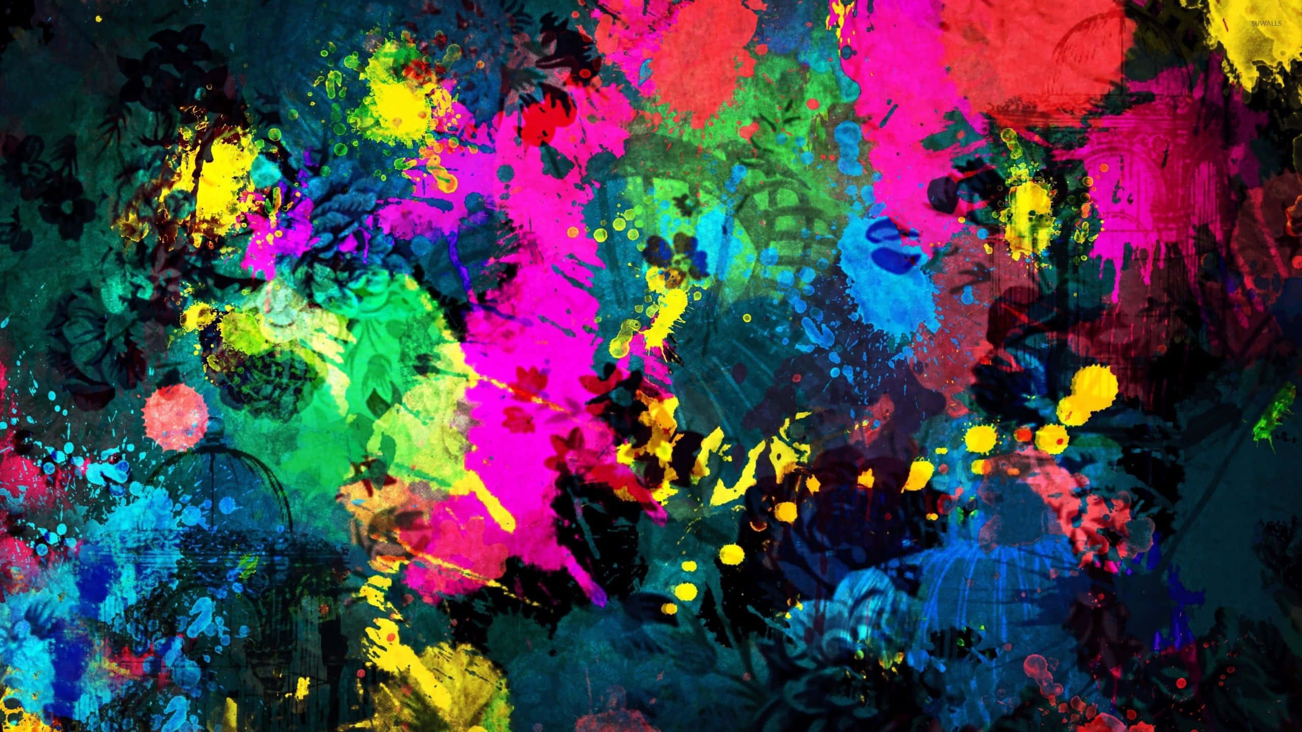 paint 桌布 壁紙 — 充滿活力的霓虹顏料飛濺在黑暗的畫布上爆炸，形成混亂的色彩和能量爆發。