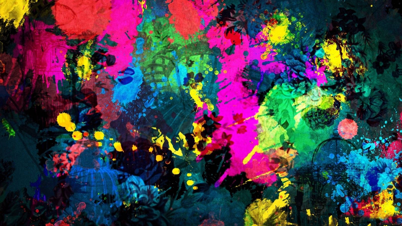 Cool Colorful 桌布 壁紙 — 充滿活力的霓虹顏料飛濺在黑暗紋理背景上爆炸，形成混亂的色彩爆發。