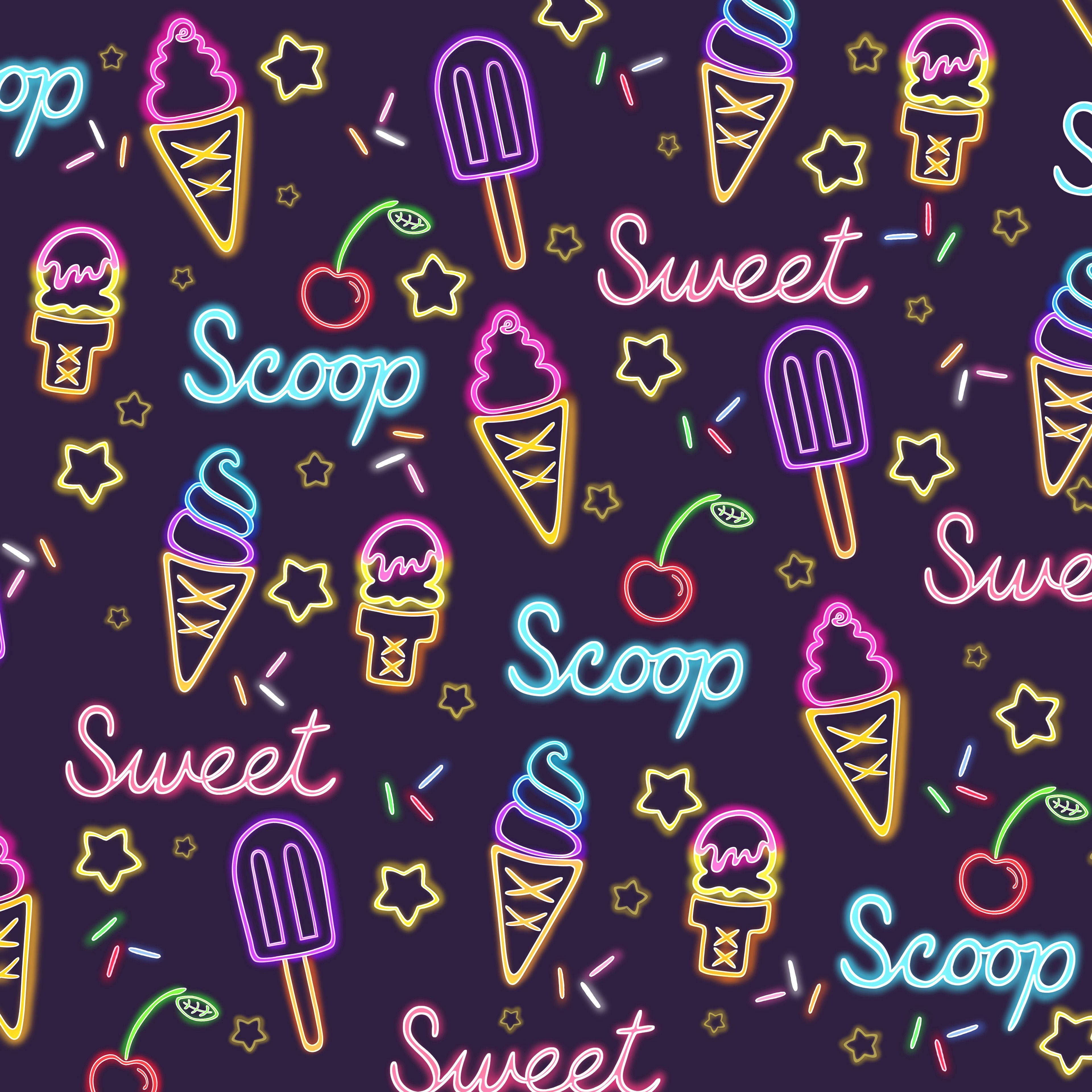 Ice Cream 桌布 壁紙 — 充滿活力的霓虹風格冰淇淋甜筒、冰棒和櫻桃在深紫色背景上發光，背景散落星星，並有發光字體寫著「Sweet」。