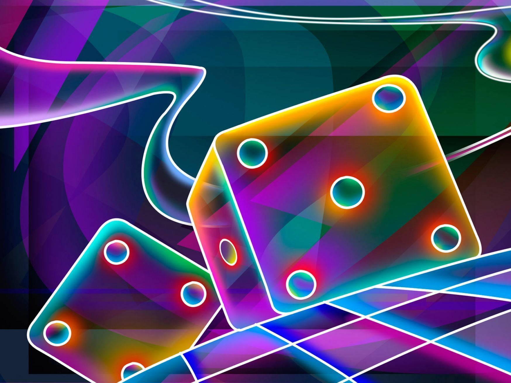 Dice 桌布 壁紙 — 充滿活力的霓虹骰子，邊緣發光，漂浮在紫色、藍綠色和洋紅色的漩渦抽象背景上。