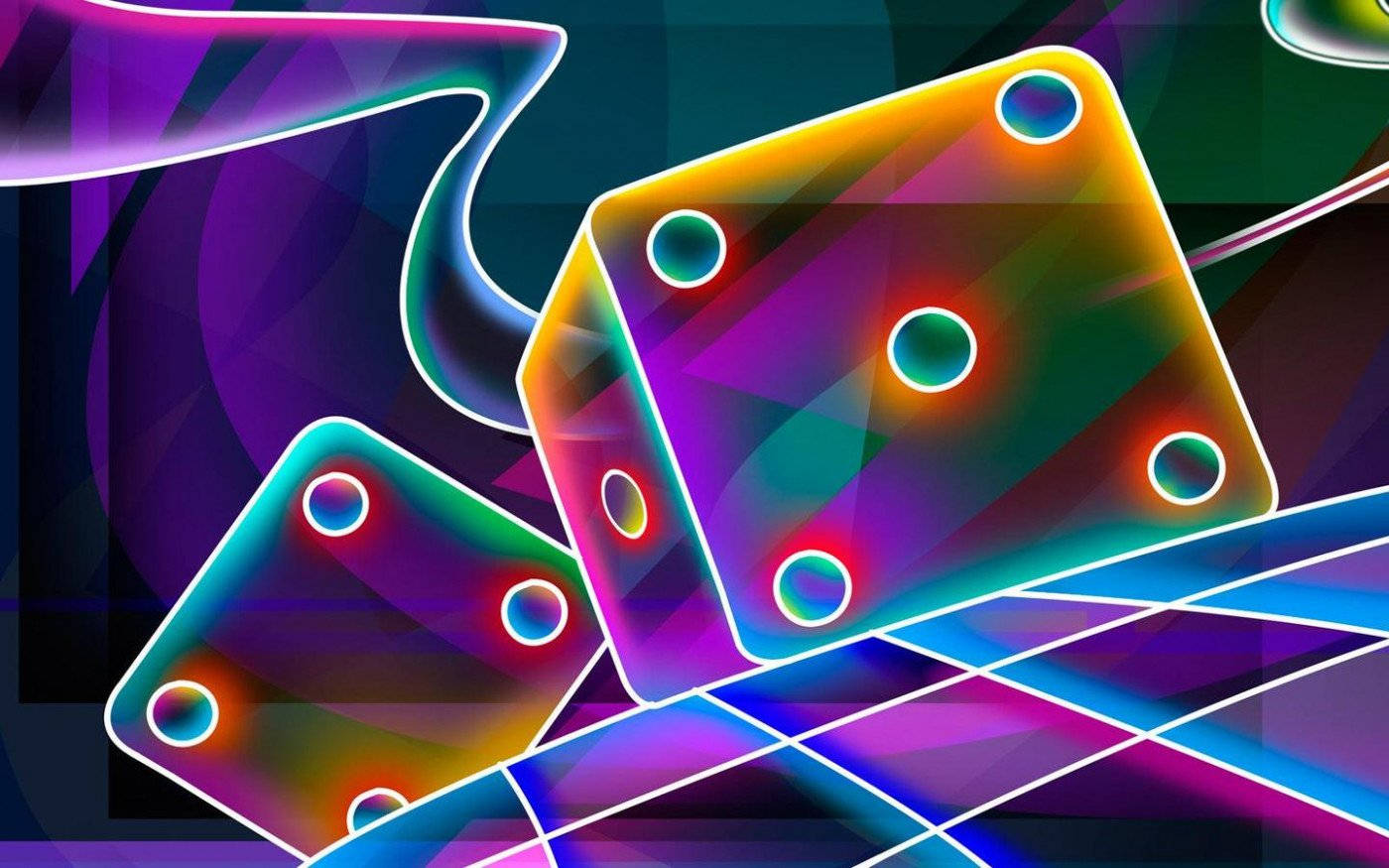 Dice 桌布 壁紙 — 充滿活力的霓虹骰子帶有發光點，在深色漸變背景上漂浮於幾何網格之上。
