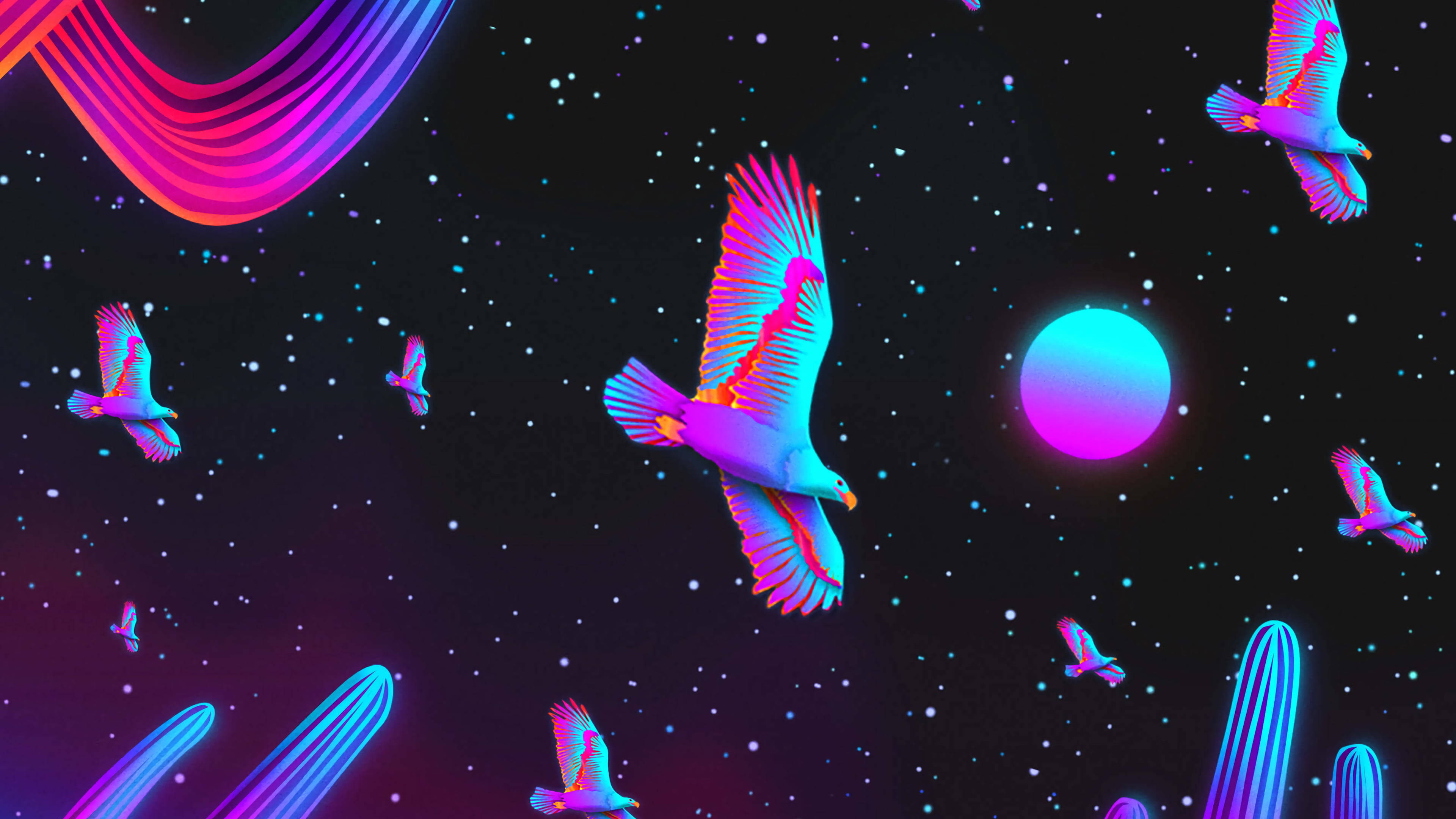 酷炫繪畫 桌布 壁紙 — 充滿活力的霓虹鳥在繁星點點的宇宙天空中翱翔，伴隨著發光的行星和電光色的條紋。