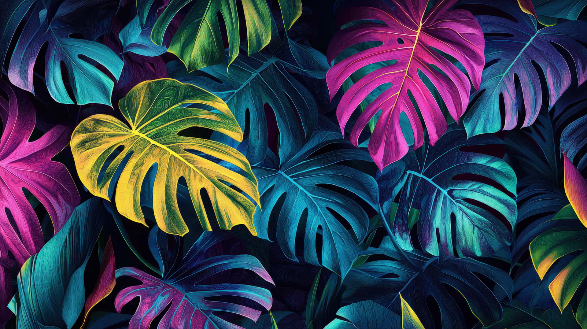 Vibrant Tropical Monstera Leaves in Neon Colors with Artistic Texture 壁紙 — 充滿活力的霓虹龜背竹葉，以電光粉紅、黃色和藍綠色在黑暗背景中發光。