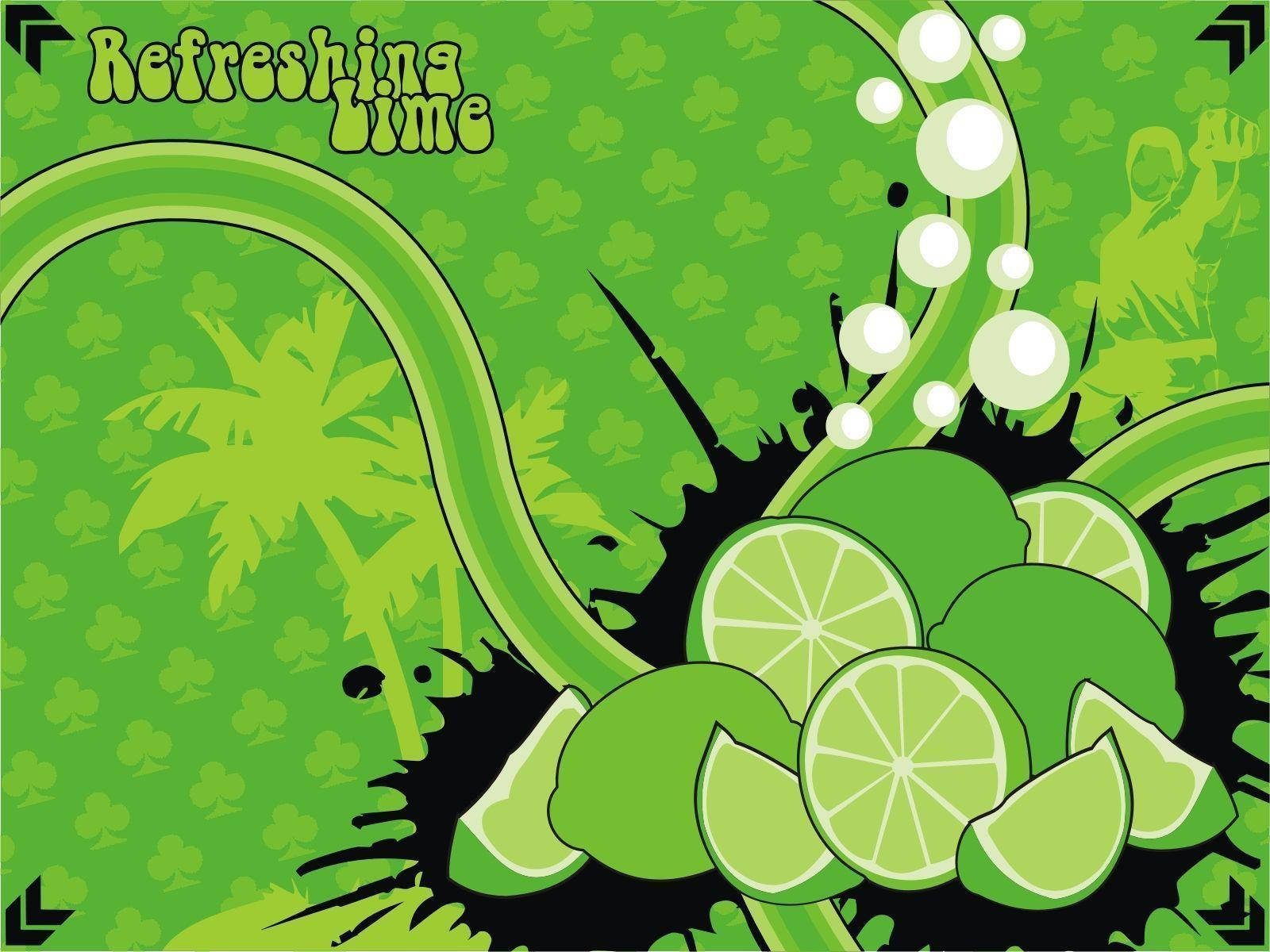 Fruit 桌布 壁紙 — 充滿活力的青檸片在帶有棕櫚樹剪影的綠色三葉草圖案背景上爆出氣泡。