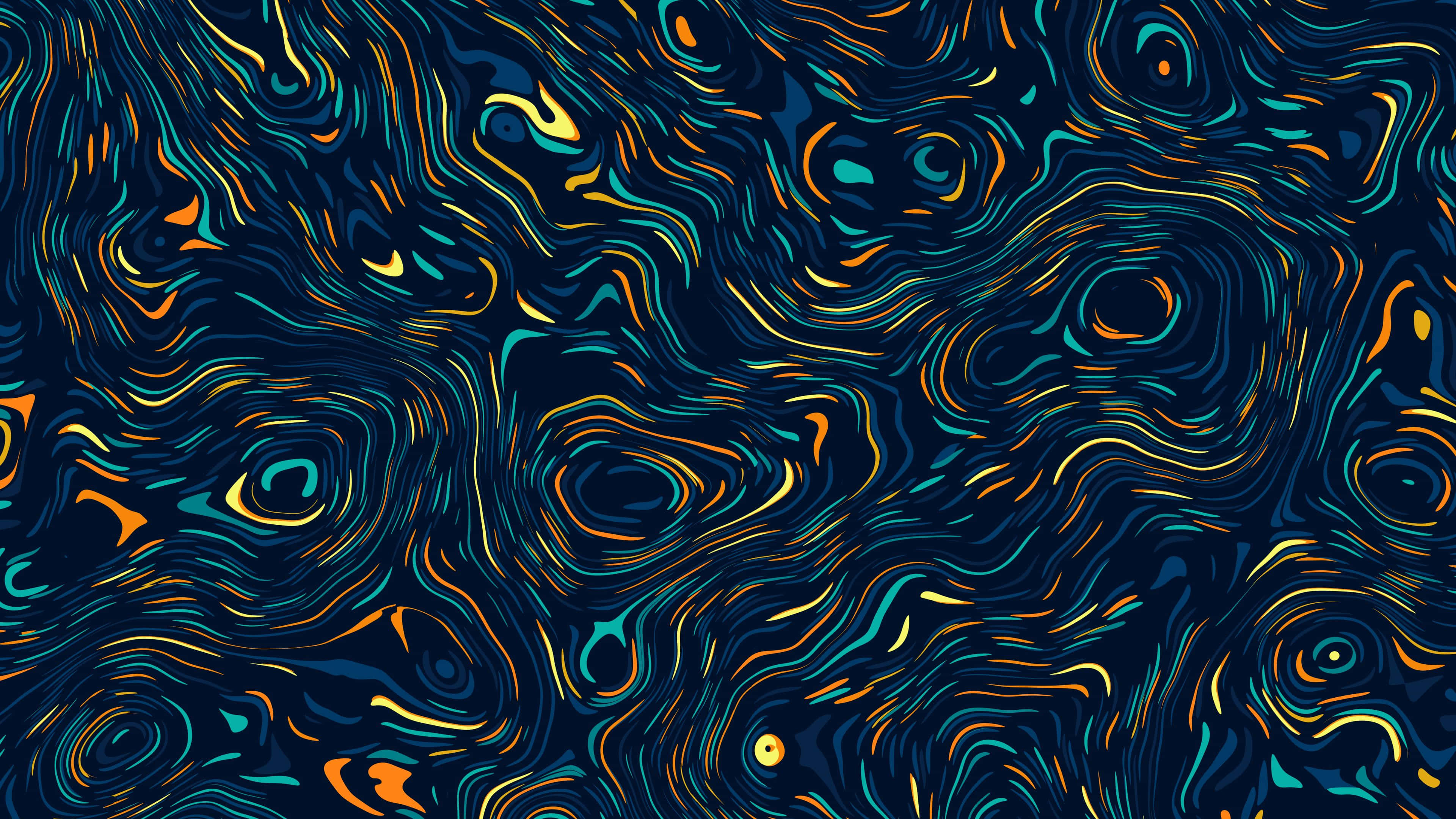 Swirl 桌布 壁紙 — 充滿活力的青綠色、橙色和金色漩渦圖案在深海軍藍背景上流動，構成迷人的數位藝術作品。