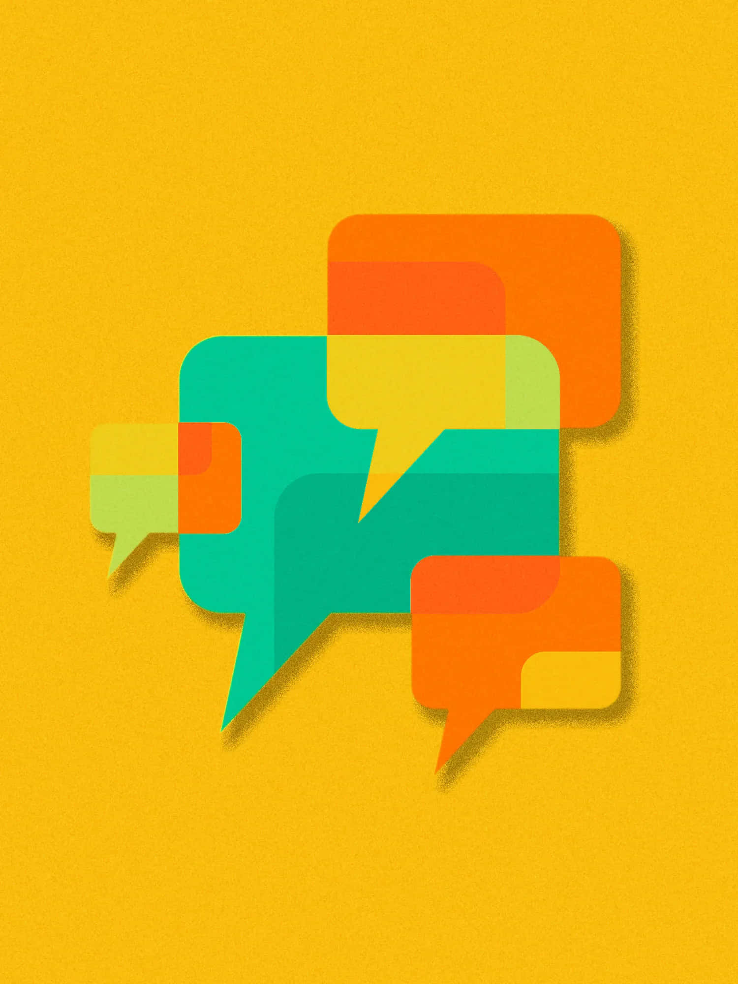 Group Chat 桌布 壁紙 — 充滿活力的青綠色、橙色和黃色重疊對話氣泡，漂浮在帶有紋理的芥末色背景上。