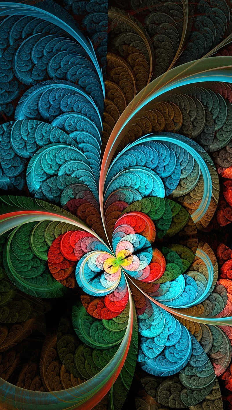 桌布 壁紙 — 充滿活力的青綠色、紅色和綠色分形螺旋在深色背景上向色彩繽紛的中心旋轉。