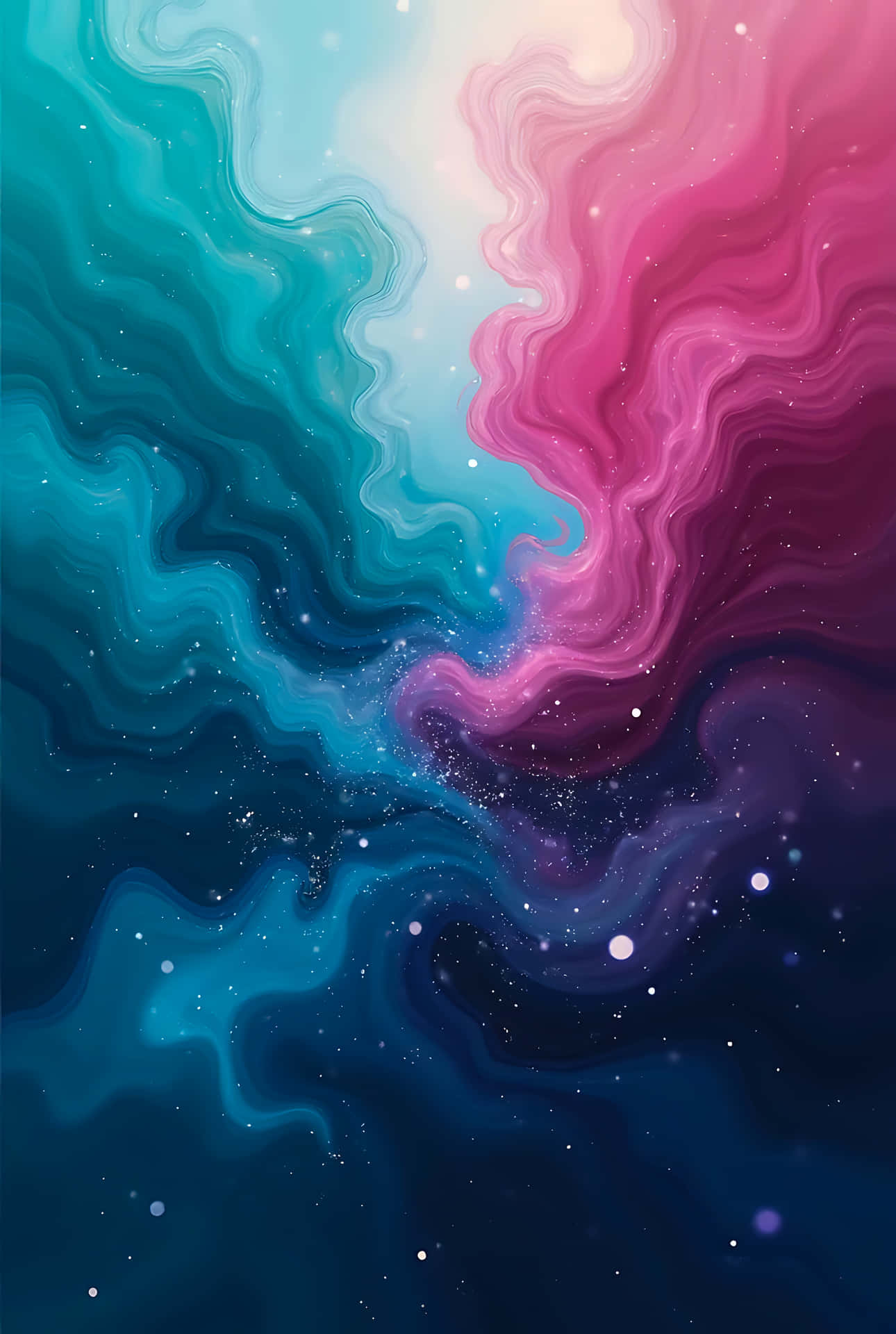 Abstract swirling nebula in shades of blue and pink with stardust 壁紙 — 充滿活力的青綠色和洋紅色宇宙漩渦與發光的星星融合，形成夢幻般的抽象星系。