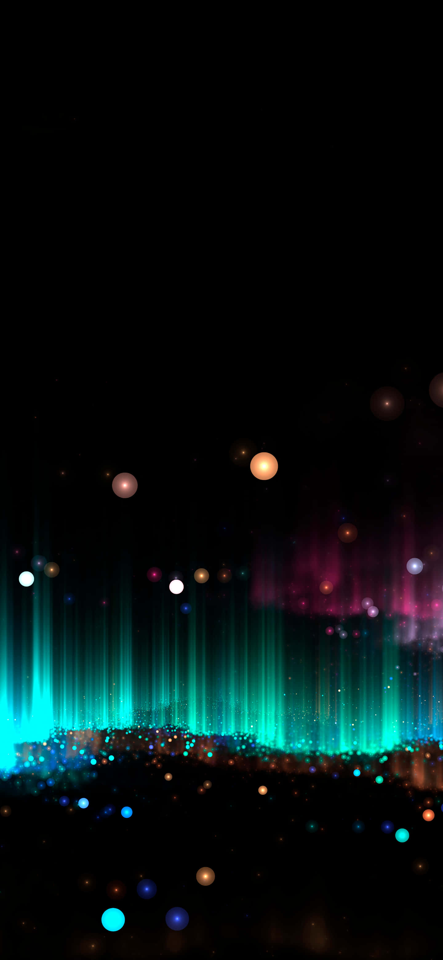 Android Oled 桌布 壁紙 — 充滿活力的青綠色和洋紅色極光般的光束從閃爍的地平線上升起，映襯著深邃的黑色虛空，點綴著發光的球體。