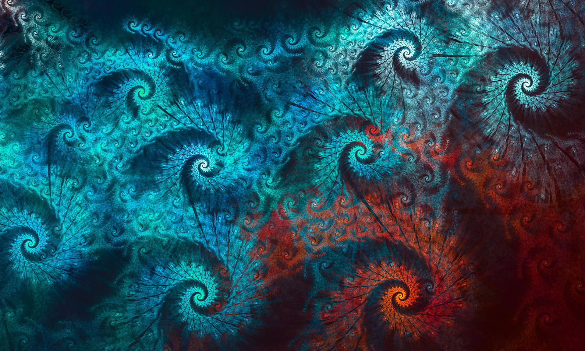 Spiral 桌布 壁紙 — 充滿活力的青綠色和深紅色碎形螺旋在宇宙畫布上旋轉，呈現複雜的有機圖案。