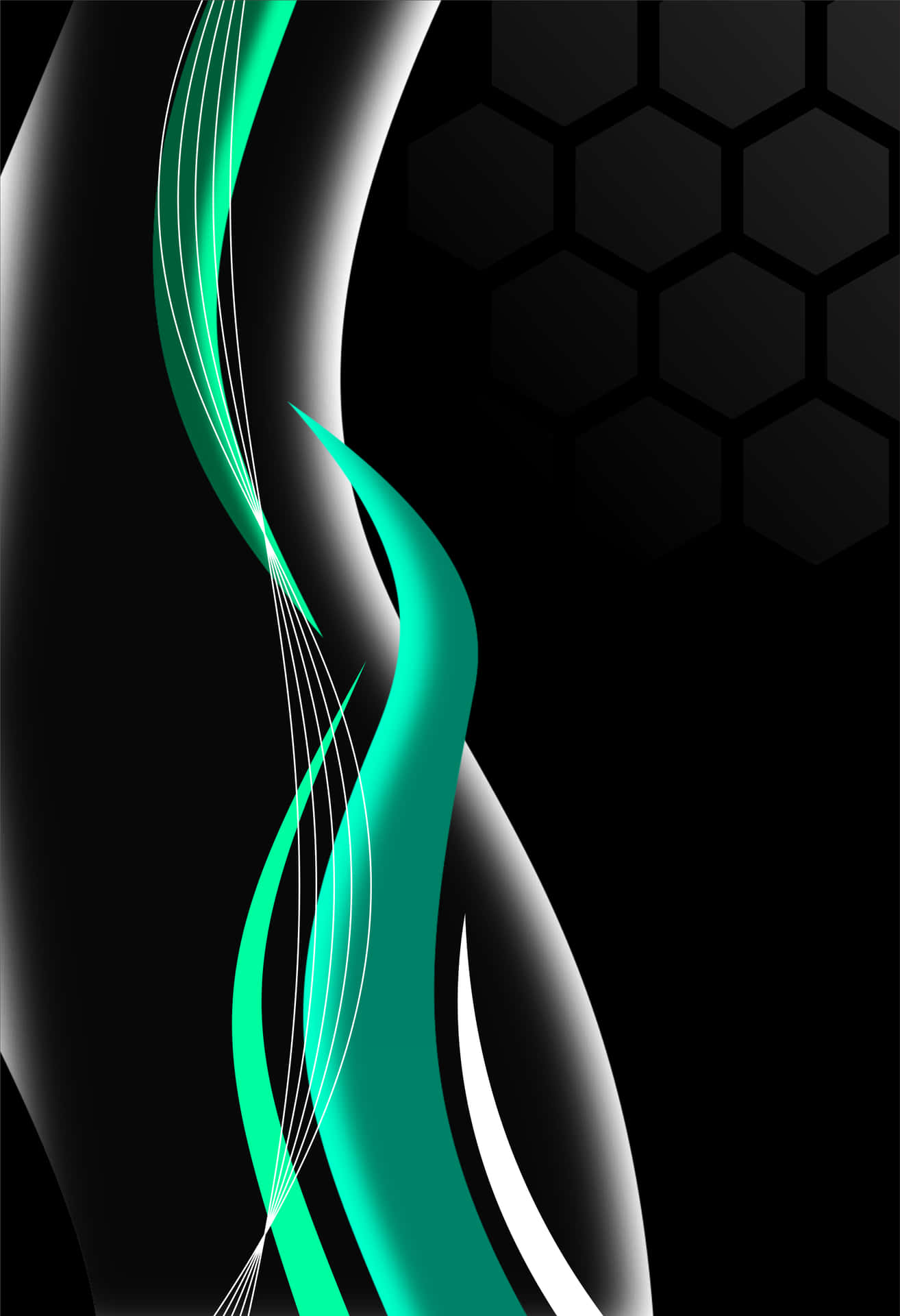 Black and Green Abstract 壁紙 — 充滿活力的青綠色和白色流動線條在黑色六邊形圖案背景上形成對比。