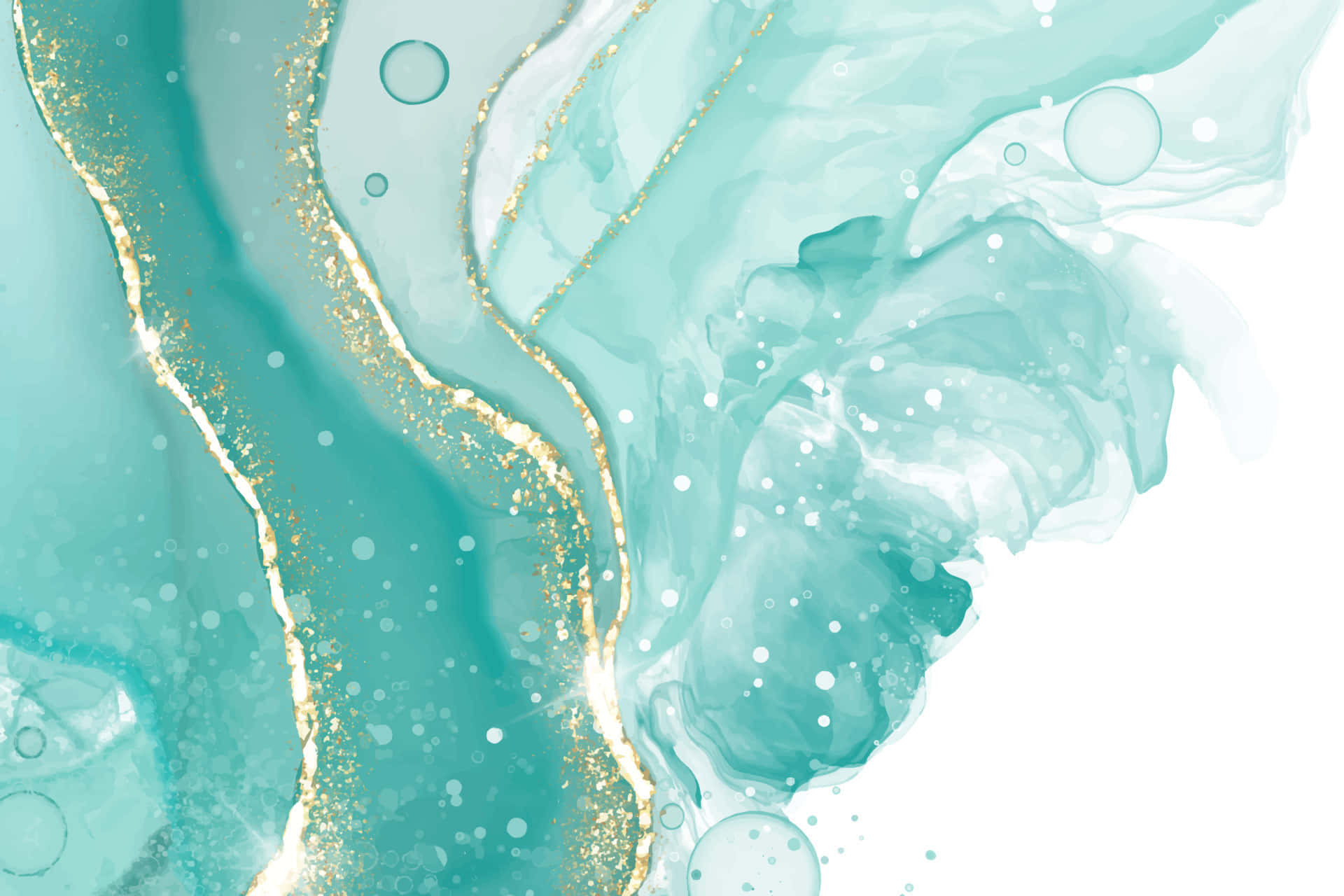 Teal Aesthetic 桌布 壁紙 — 充滿活力的青綠色和白色流體藝術，帶有閃閃發光的金色紋理和漂浮的氣泡，在潔白的背景上流動。