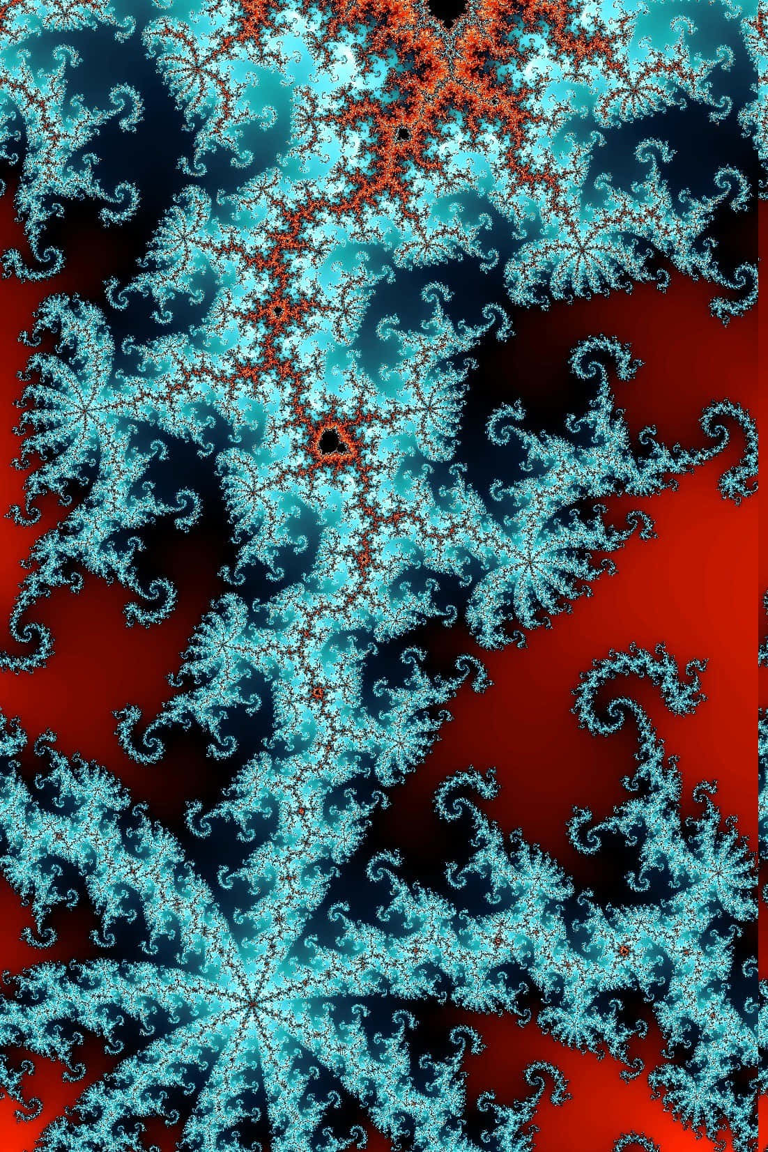 Trippy Fractals 桌布 壁紙 — 充滿活力的青綠色和紅色碎形圖案在深色漸層背景上旋轉，帶有複雜的重複幾何形狀。