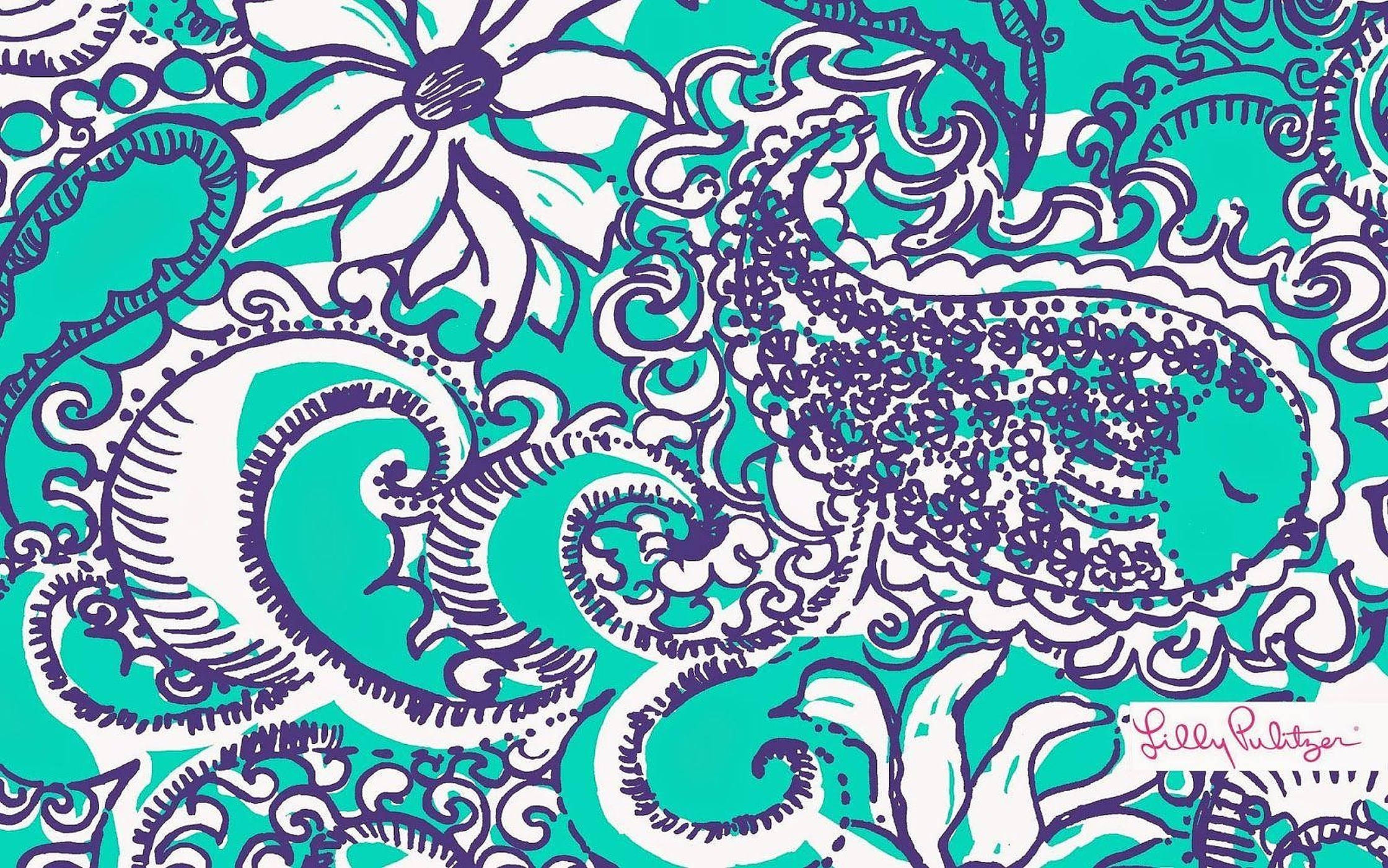 lilly 桌布 壁紙 — 充滿活力的青綠色和紫色佩斯利花卉圖案，帶有白色輪廓和點狀細節，重複的壁紙設計。