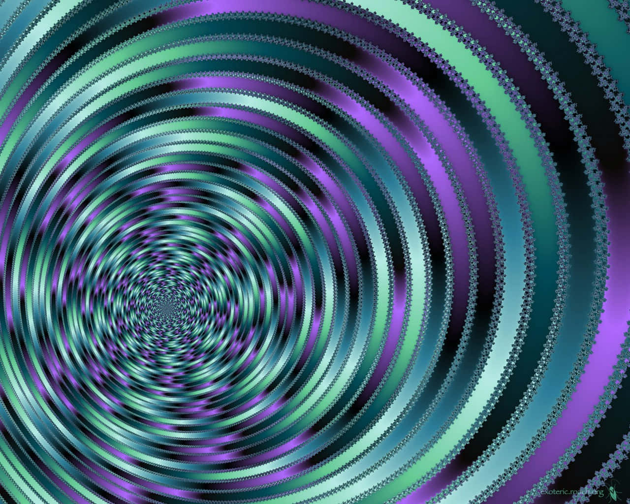 Cool Optical Illusions 桌布 壁紙 — 充滿活力的青綠色和紫色同心圓向內螺旋，營造出迷人的數位漩渦效果。