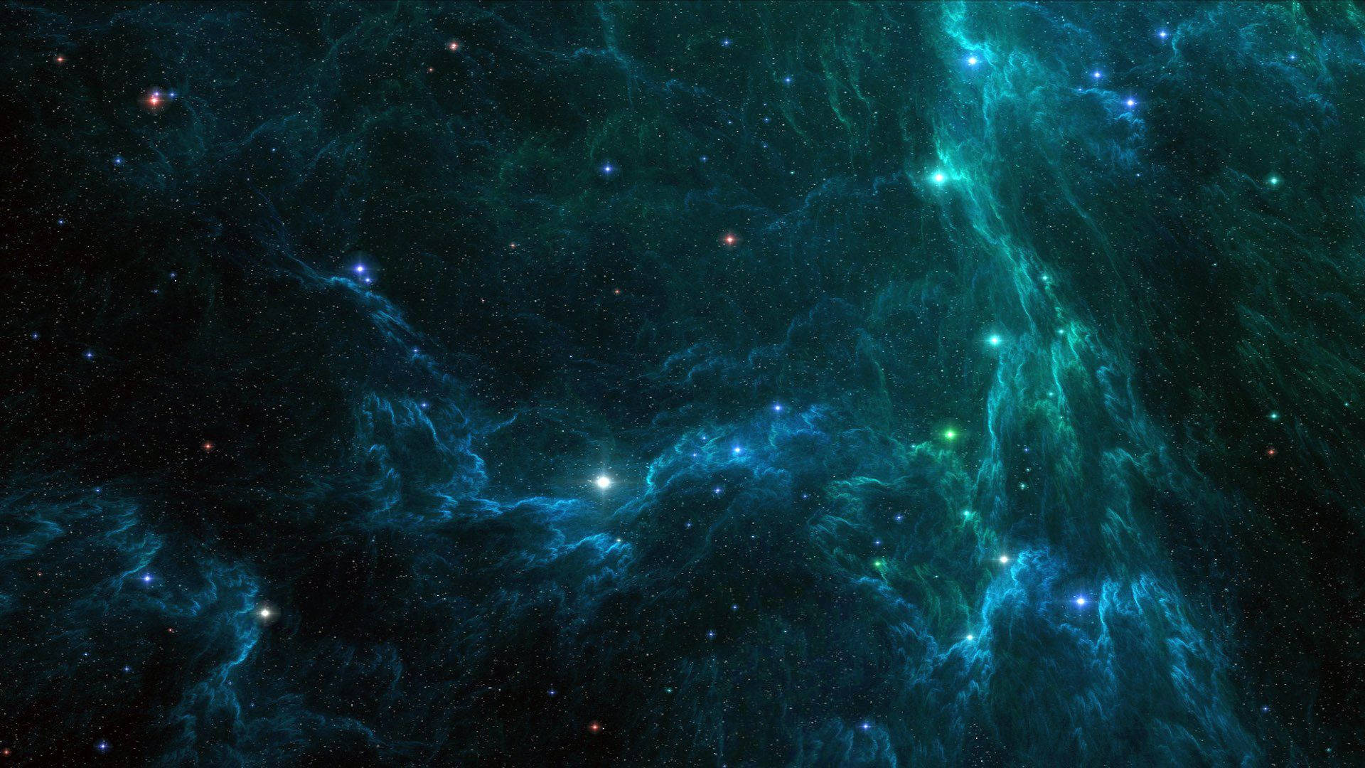 Turquoise 桌布 壁紙 — 充滿活力的青綠色和藍色宇宙星雲在深邃的黑色虛空中旋轉，閃爍的星星點綴其中，構成令人驚嘆的太空場景。
