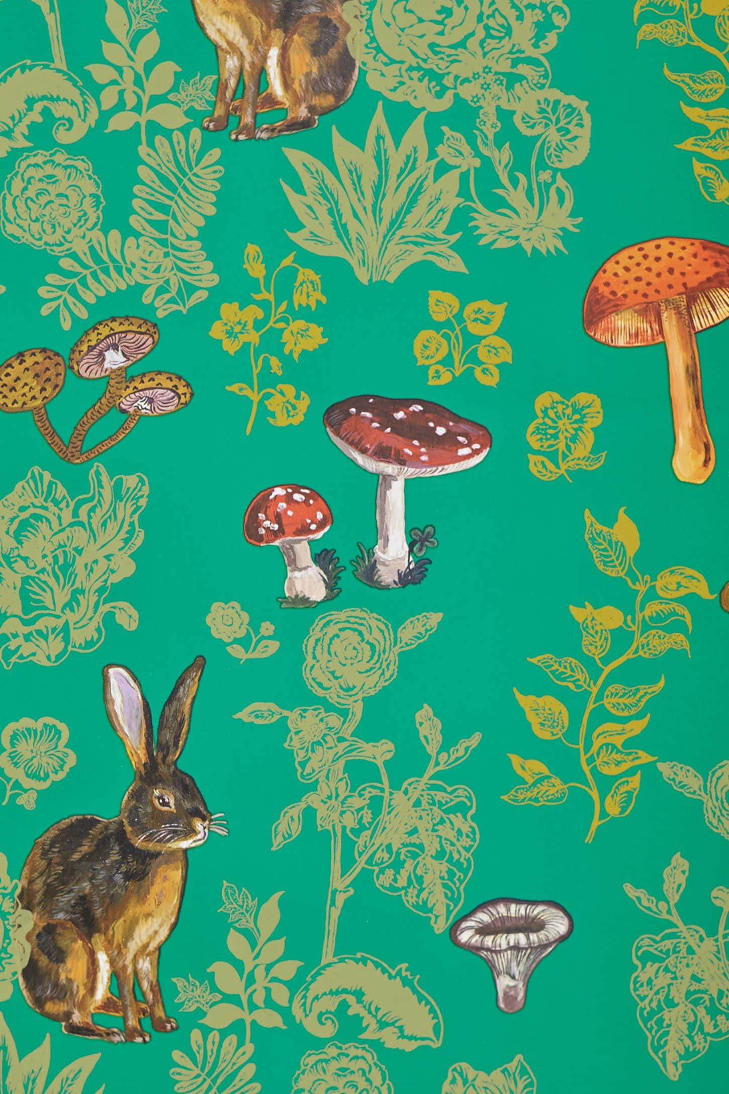 Mushroom Phone 桌布 壁紙 — 充滿活力的青綠色壁紙，以金色樹葉中的插圖兔子和蘑菇為特色，呈現出奇思妙想的森林圖案。