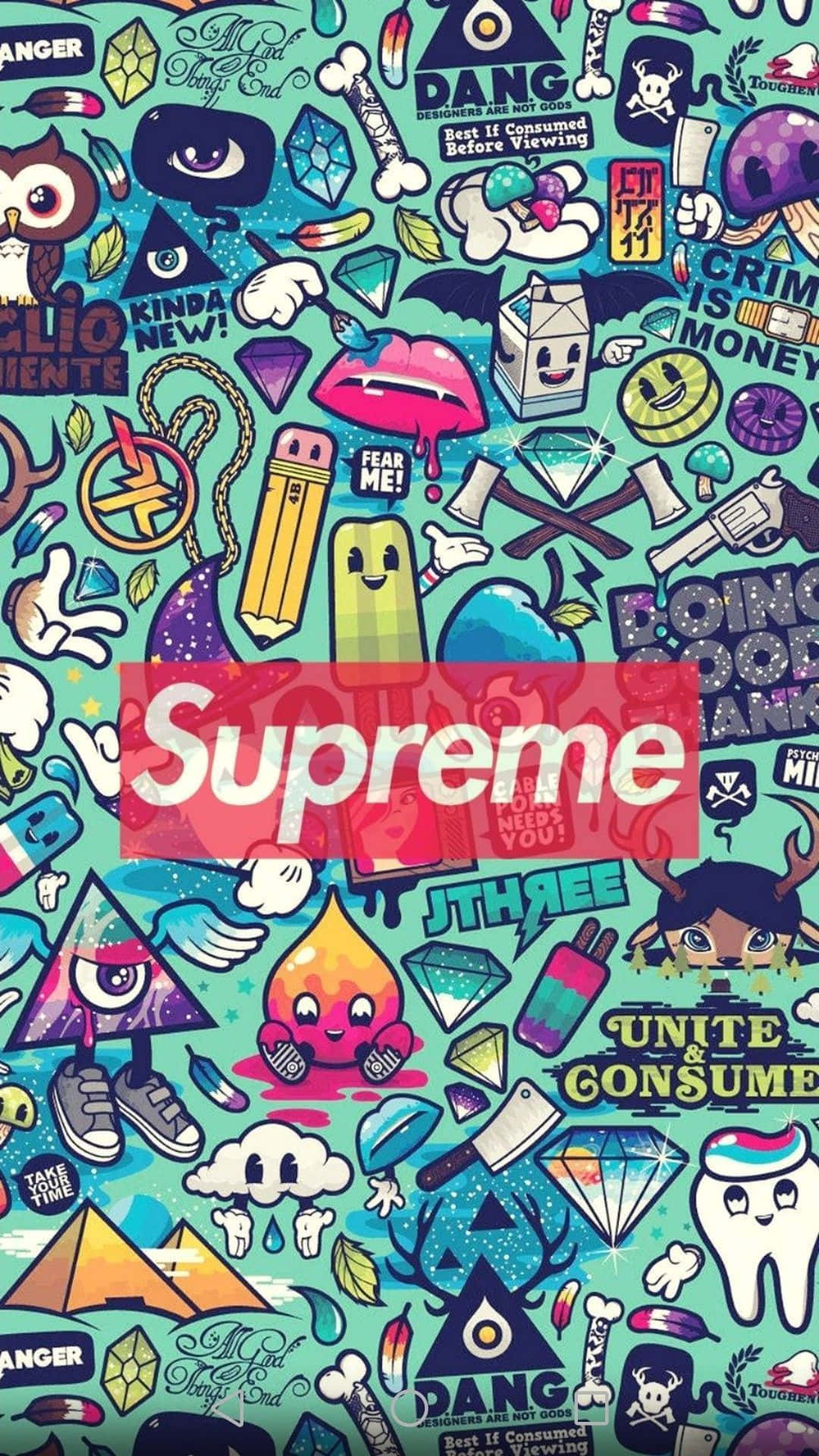 Swag 桌布 壁紙 — 充滿活力的青綠色壁紙，佈滿卡通風格的圖標、骷髏頭、寶石和文字，包括中央的紅色Supreme標誌。