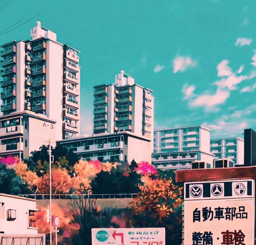 動漫風格 桌布 壁紙 — 充滿活力的青綠色天空下，是柔和色調的公寓大樓，前景有秋日樹木和日文標誌。