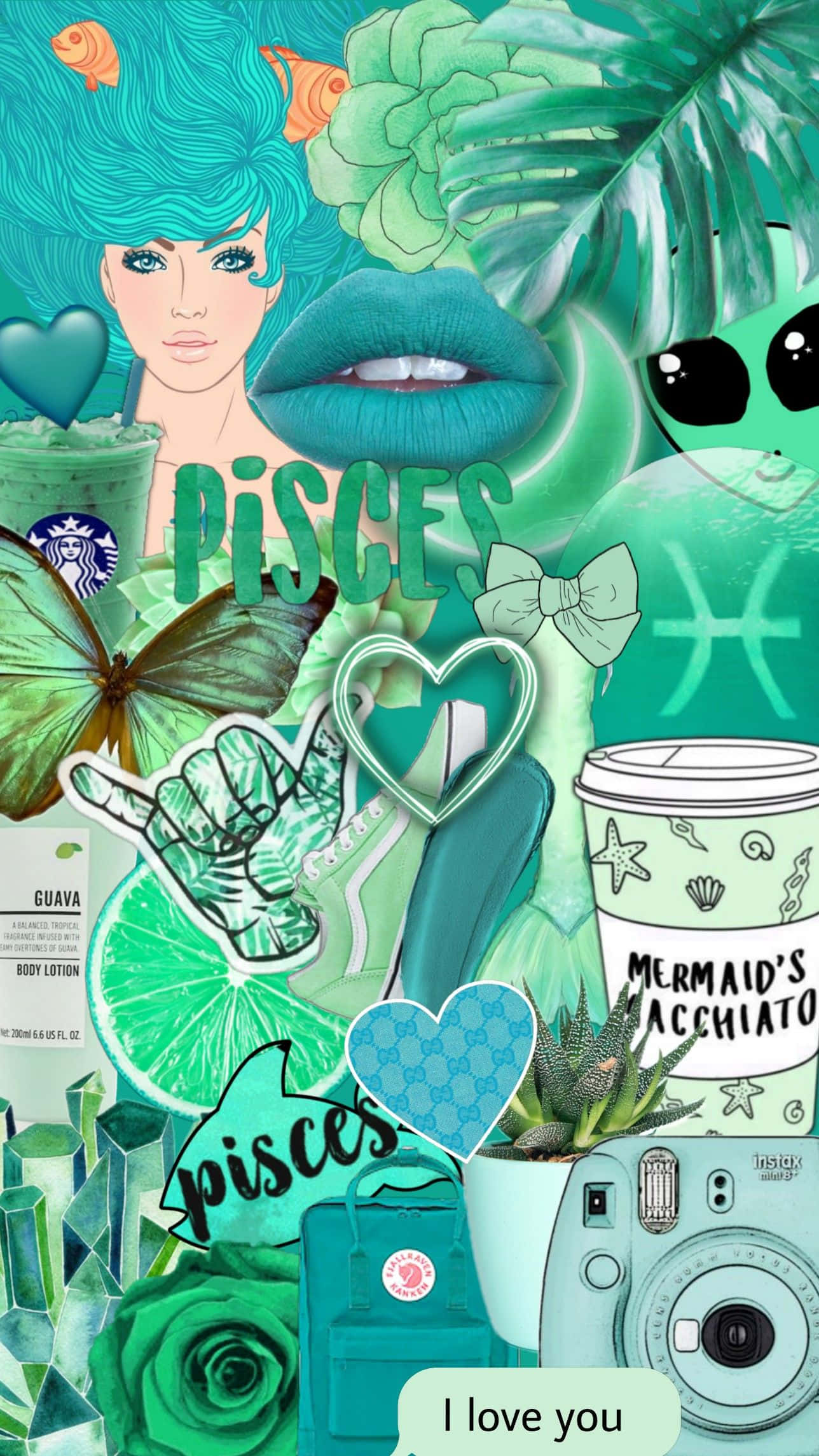 雙魚座 桌布 壁紙 — 充滿活力的青綠色拼貼畫，以美人魚為主題的元素、雙魚座星座符號和咖啡飲品，以俏皮的數位藝術風格呈現。