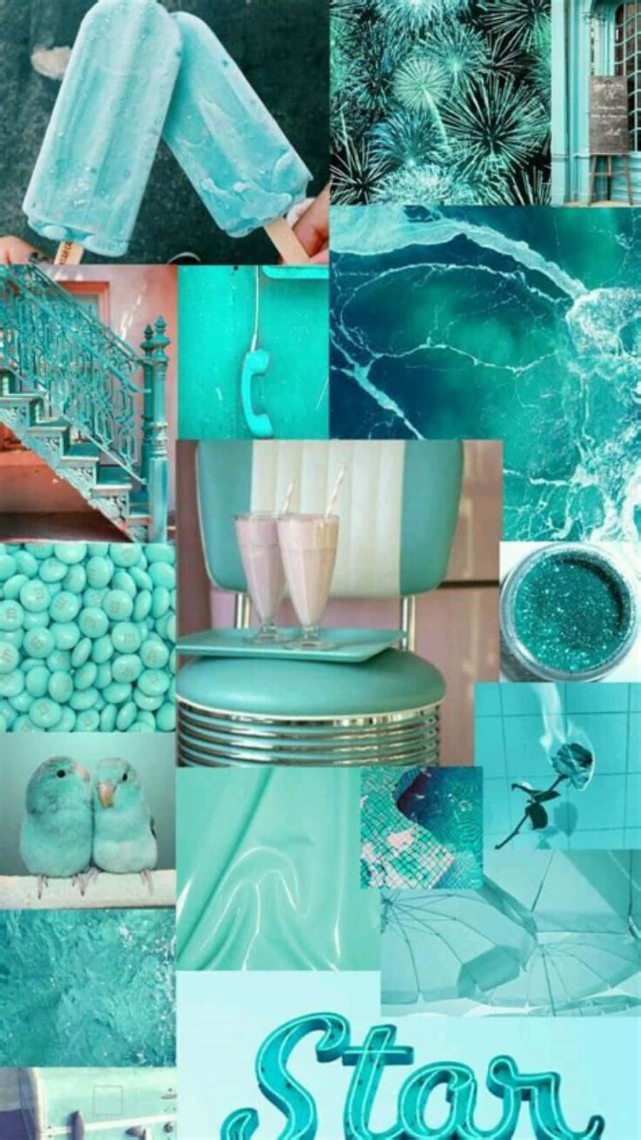 Pastel Blue Green 桌布 壁紙 — 充滿活力的青綠色拼貼畫，包含冰棒、煙火、樓梯、飲料、亮粉、鳥類和星星字樣。