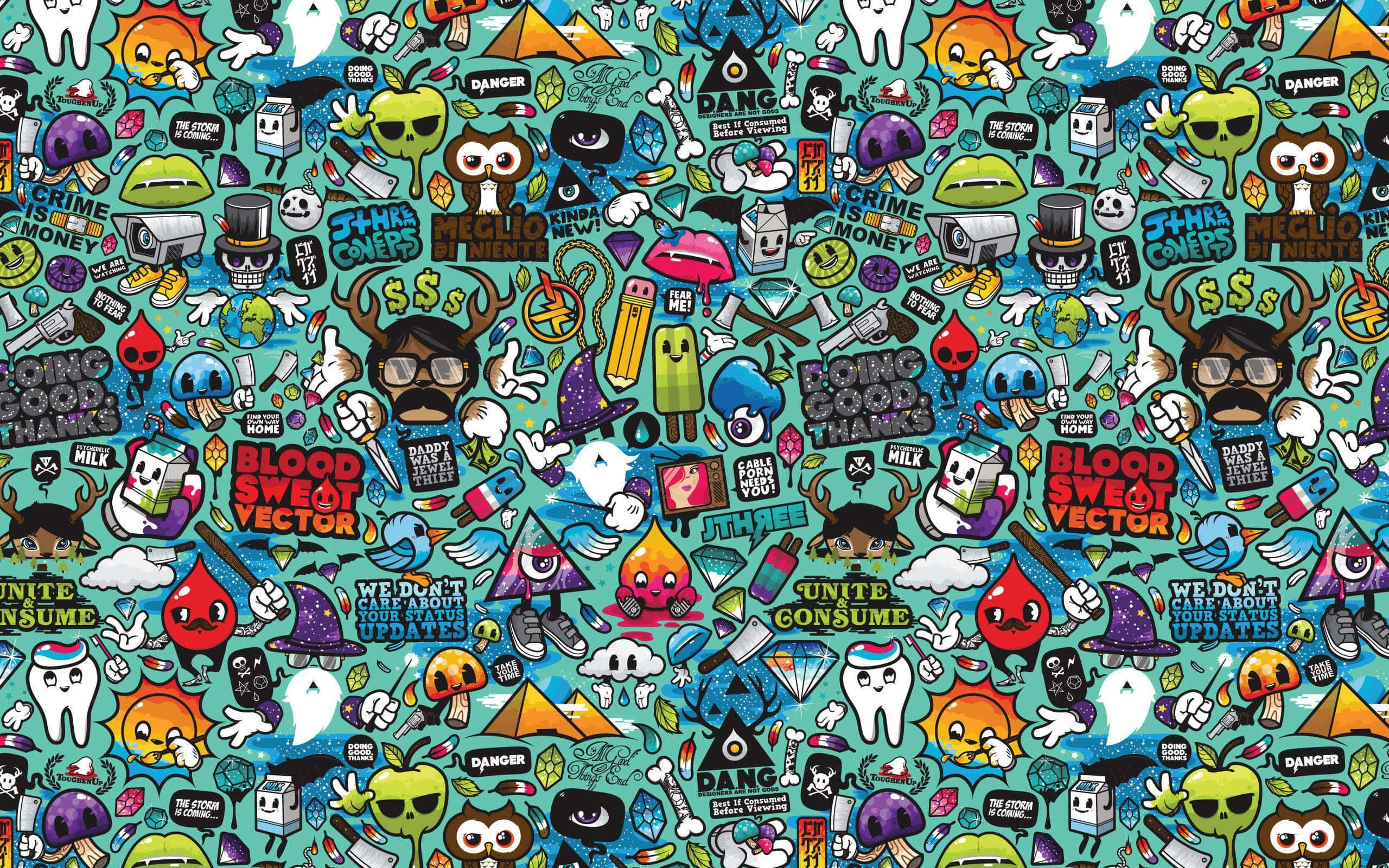 Japanese Pop Art 桌布 壁紙 — 充滿活力的青綠色背景，上面佈滿了混亂的卡通貼紙，包括骷髏頭、貓頭鷹、牙齒和警告標誌，形成密集的重複圖案。
