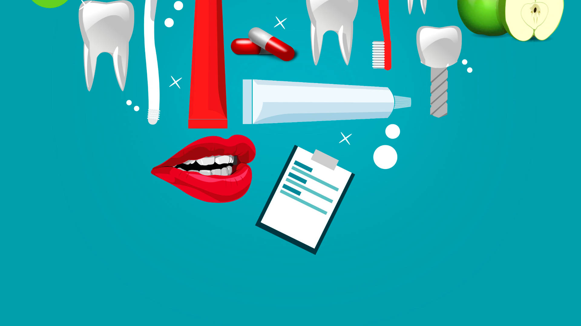 Dentistry 桌布 壁紙 — 充滿活力的青綠色背景，帶有卡通牙科物品，如牙刷、牙膏、藥丸和微笑的嘴巴。